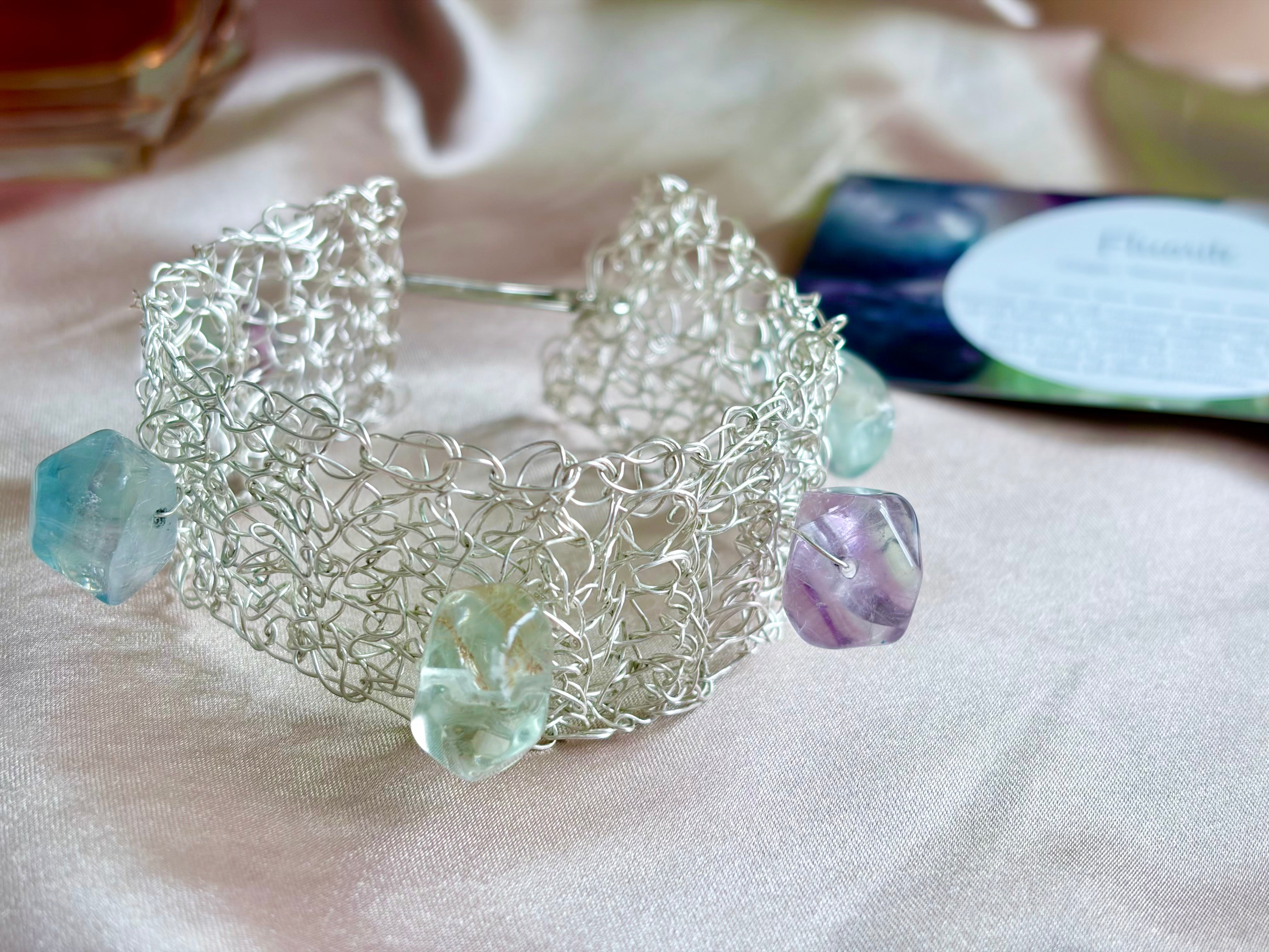“Fluorite Dream” — silver-blend crochet bracelet