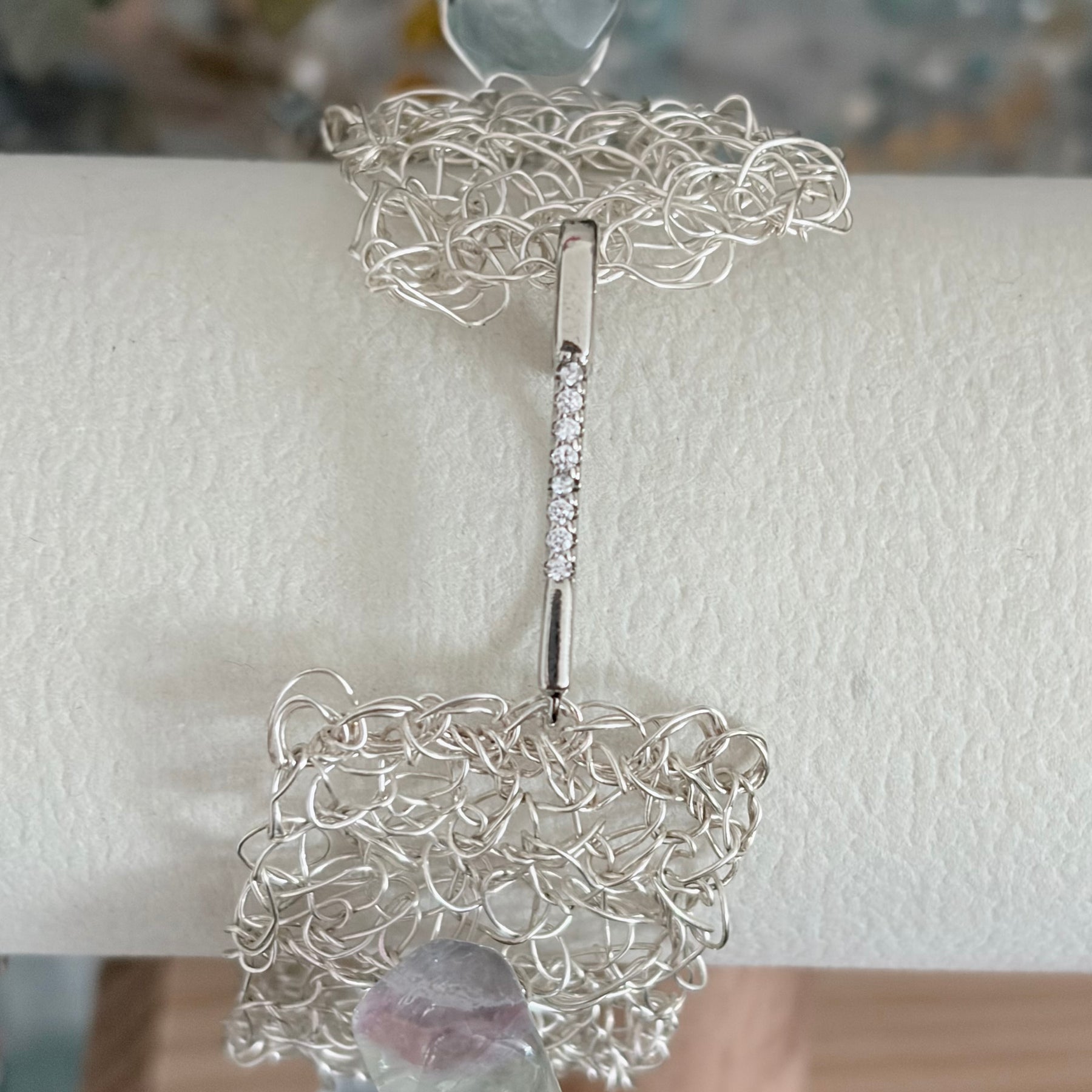 “Fluorite Dream” — silver-blend crochet bracelet