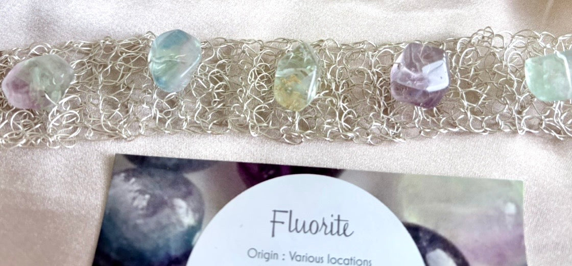 “Fluorite Dream” — silver-blend crochet bracelet