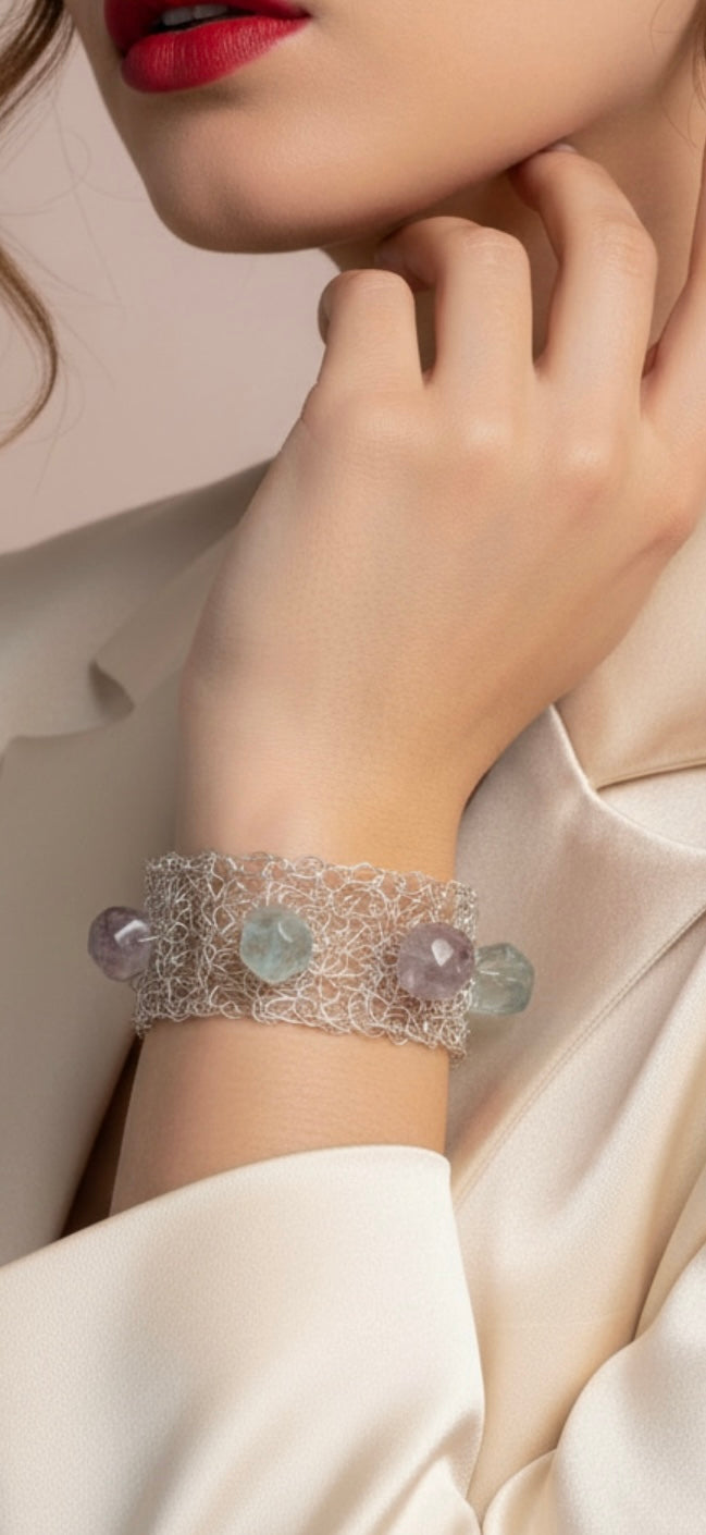 “Fluorite Dream” — silver-blend crochet bracelet