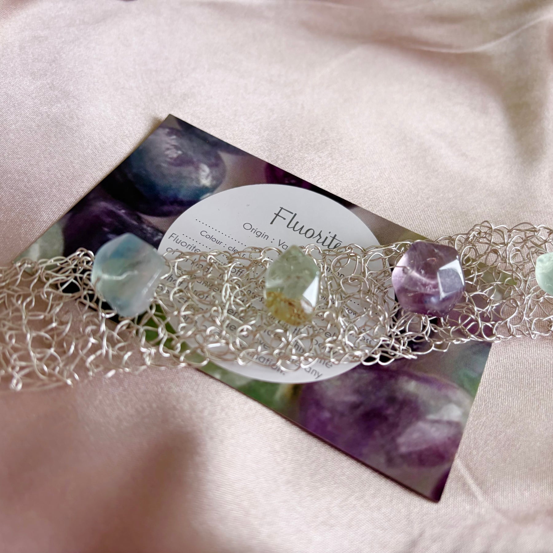 “Fluorite Dream” — silver-blend crochet bracelet