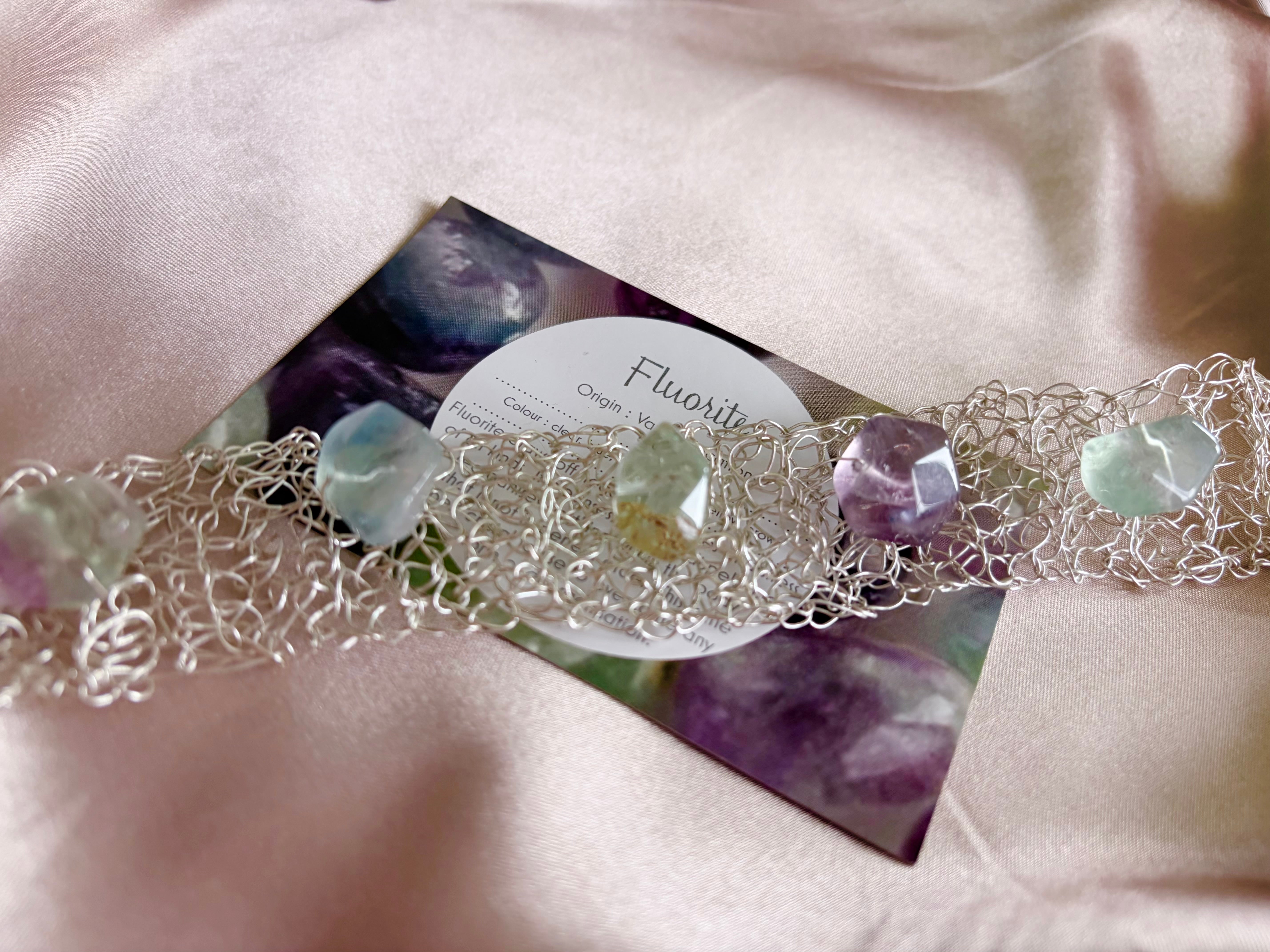 “Fluorite Dream” — silver-blend crochet bracelet