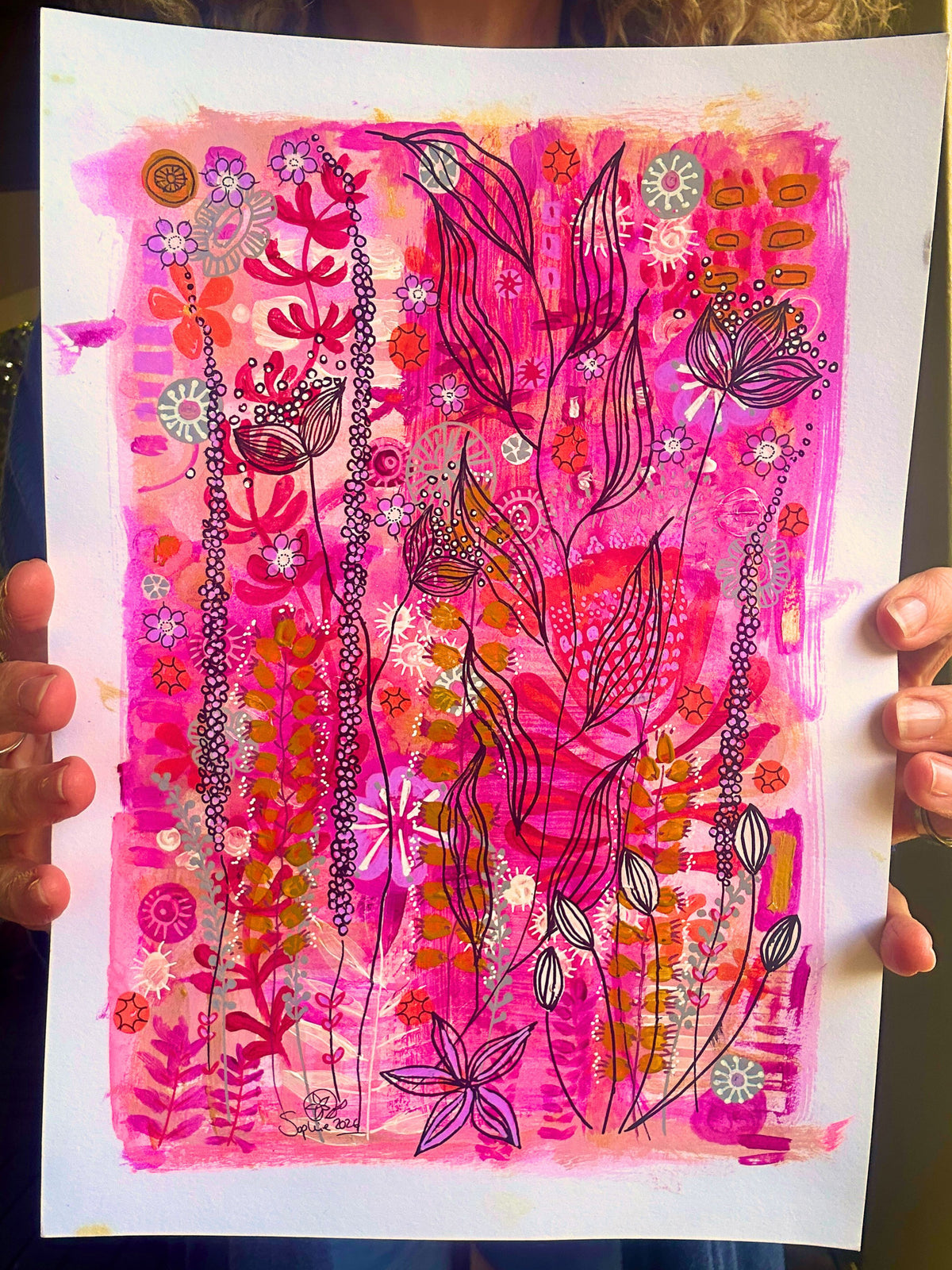Original Hand-Painted Art: Ember Lines in Hot Pink