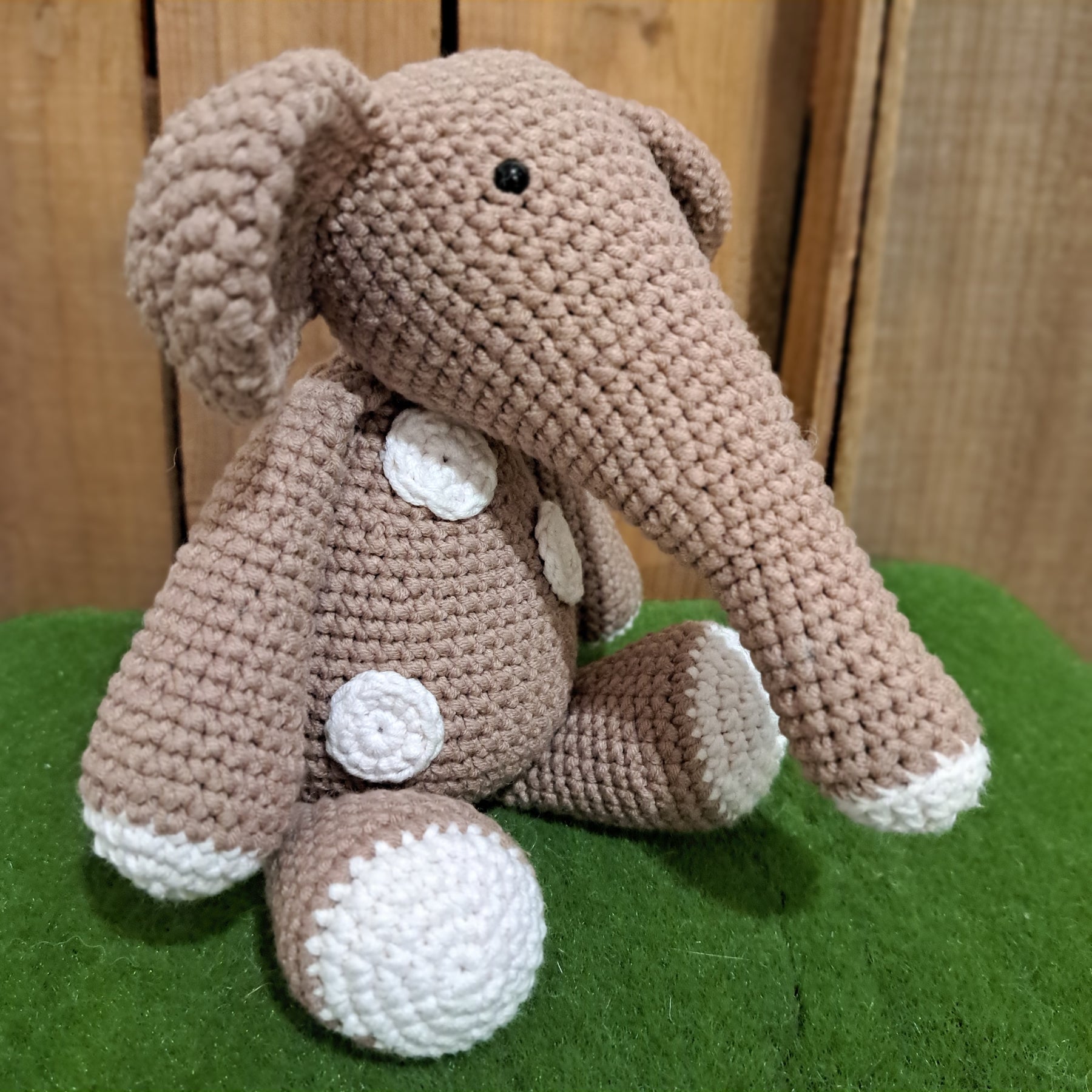 Handmade crochet toy elephant soft coffee white spots