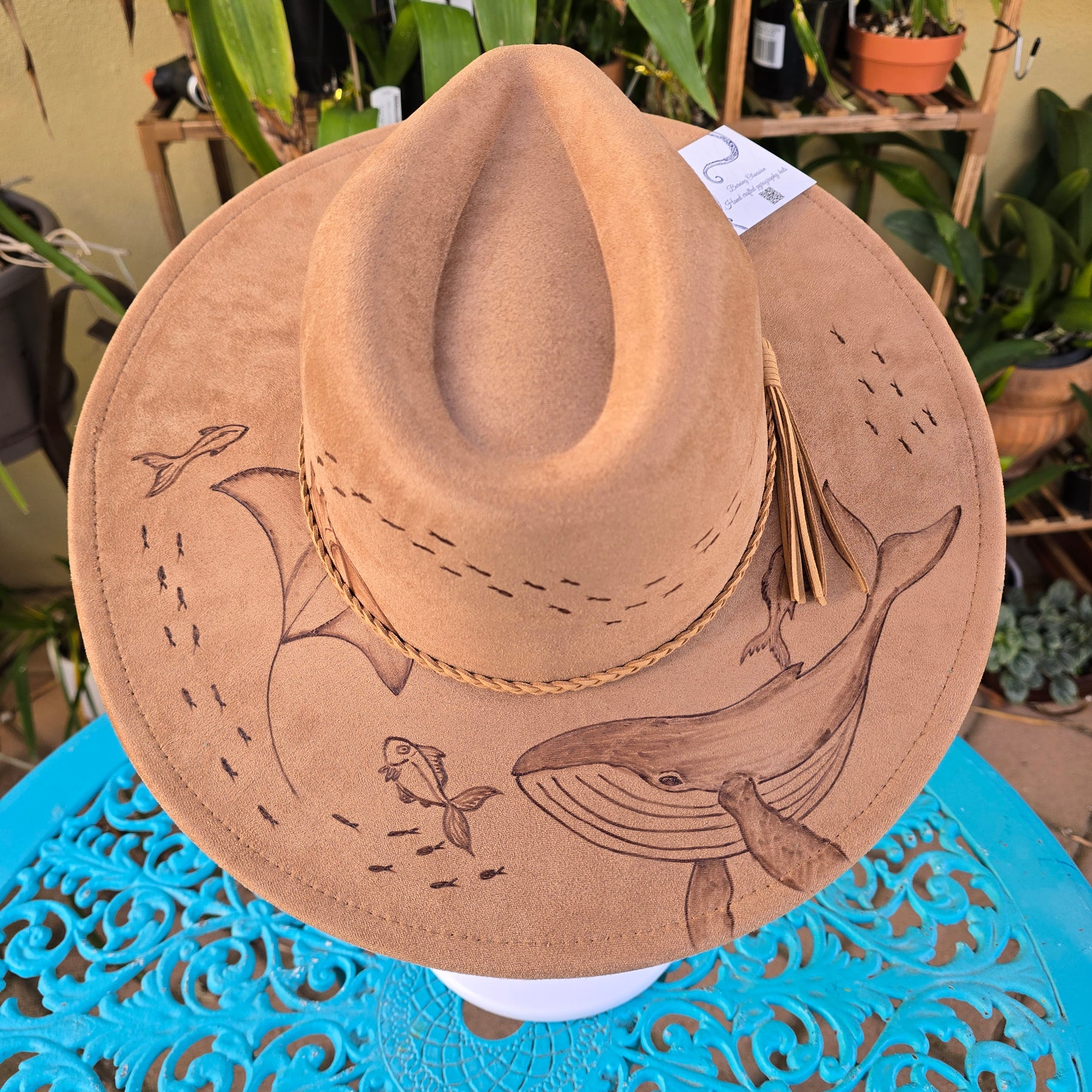 Hand burnt pyrography fedora hat - Ocean Odyssey