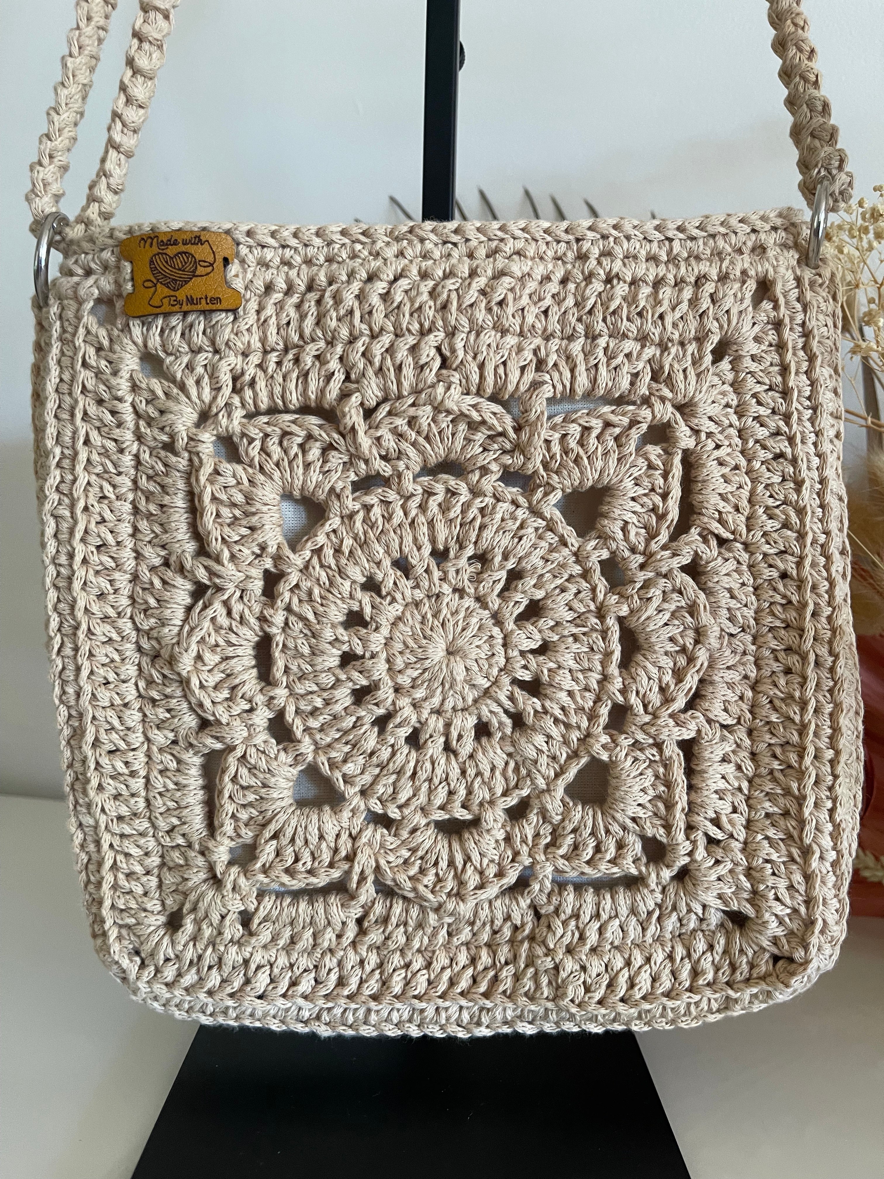 Handmade Crochet Crossbody Bag - Beige Boho Shoulder Bag, Fully Lined
