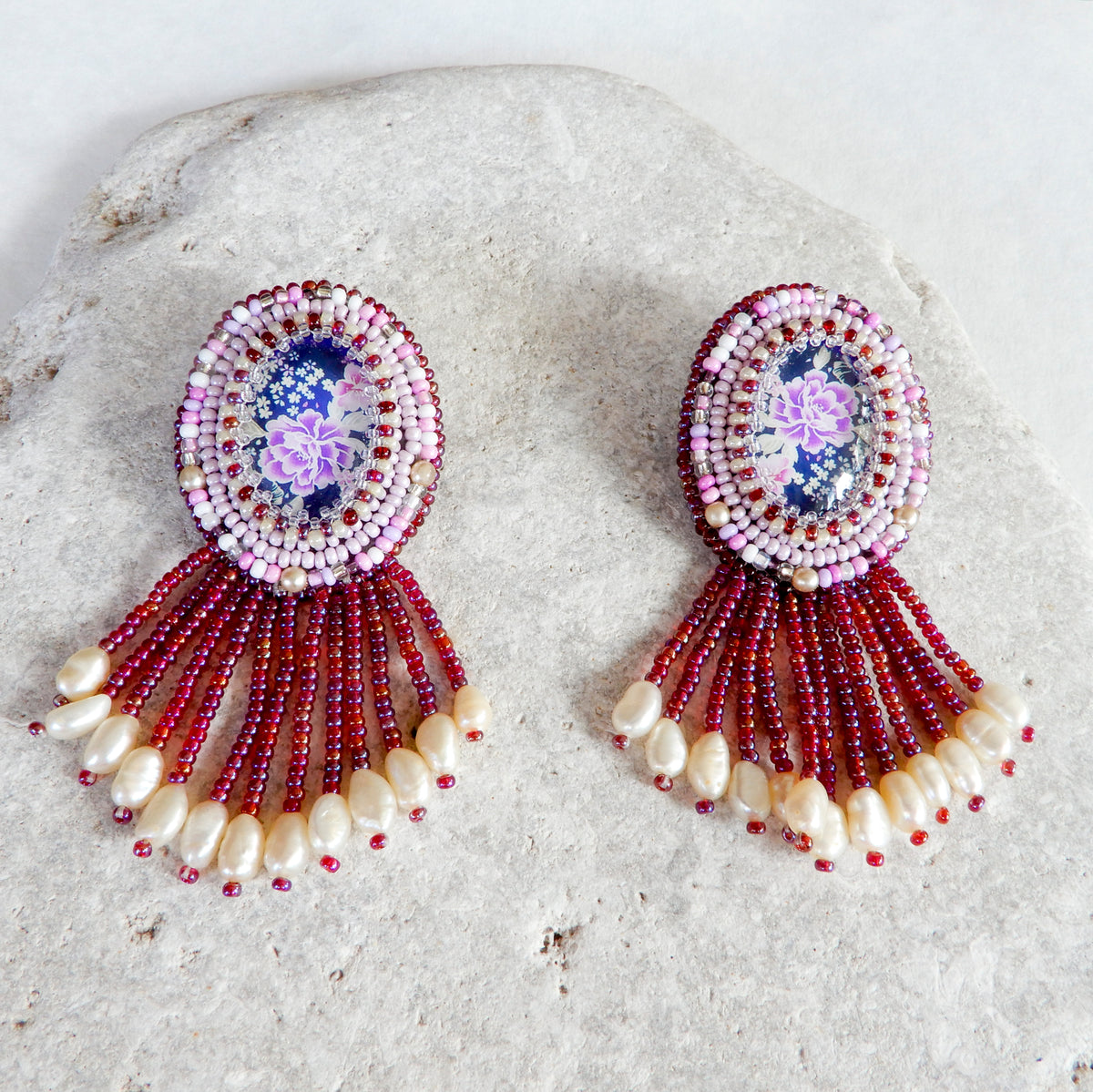 Pink Bead Embroidered Cabochon Earrings