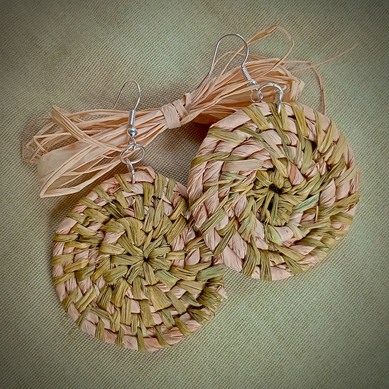 Woven Raffia Spiral Earrings, Various colours