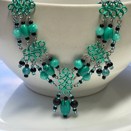 Dressy Vibrant Seafoam (Aqua) Wired Chocker Necklace with Jade and Howlite Gemstones