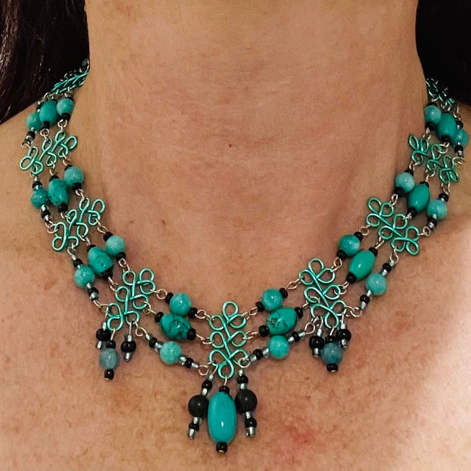 Dressy Vibrant Seafoam (Aqua) Wired Chocker Necklace with Jade and Howlite Gemstones