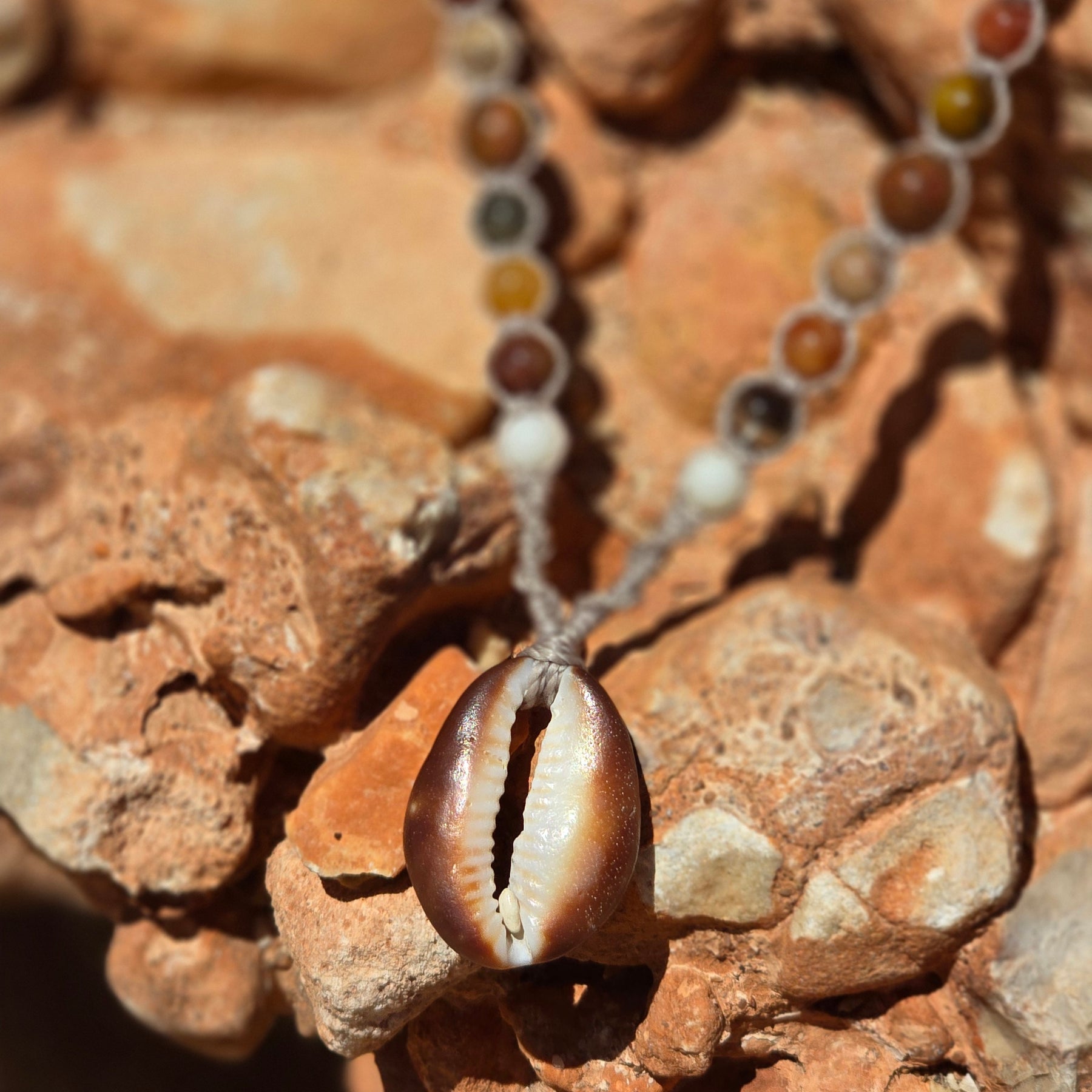 Cowrie Shell and Ocean Agate macrame Necklace