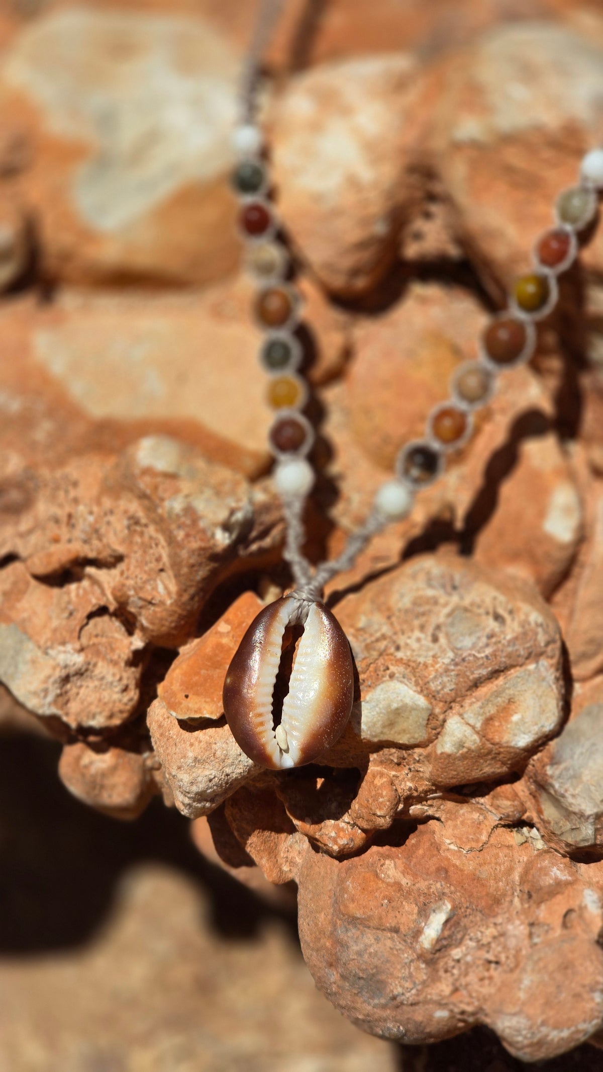 Cowrie Shell and Ocean Agate macrame Necklace