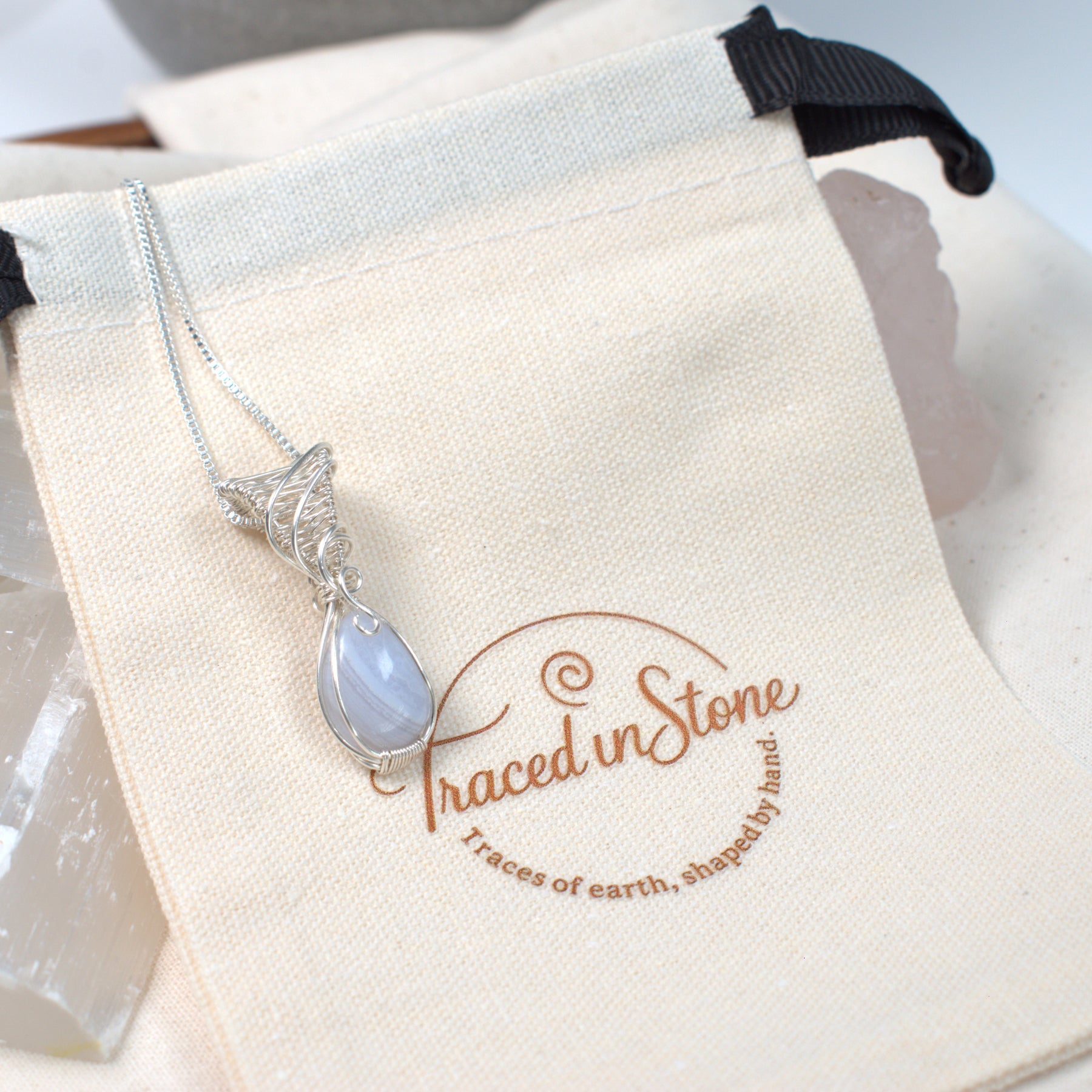 Wire Wrapped Blue Lace Agate Keepsake Pendant