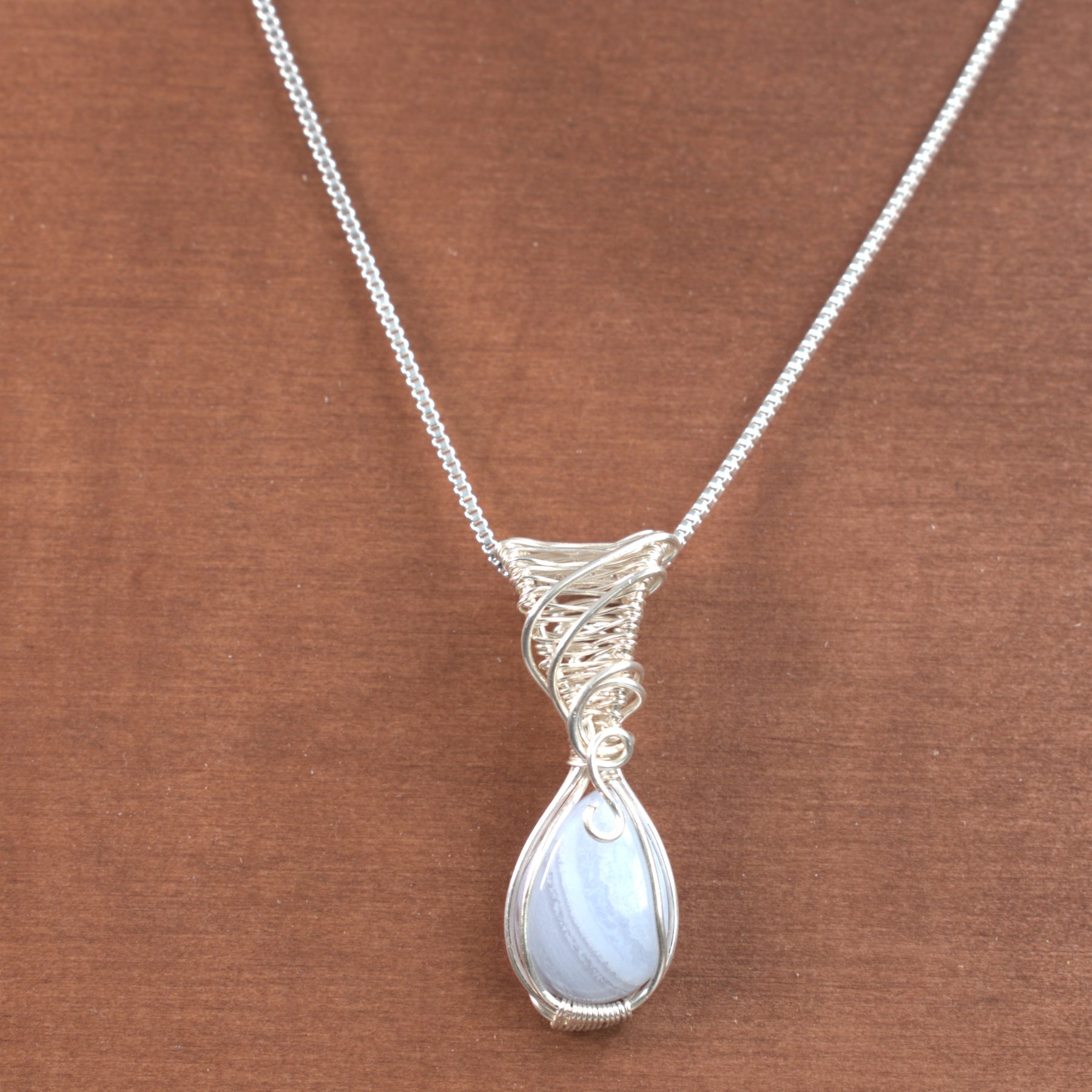 Wire Wrapped Blue Lace Agate Keepsake Pendant