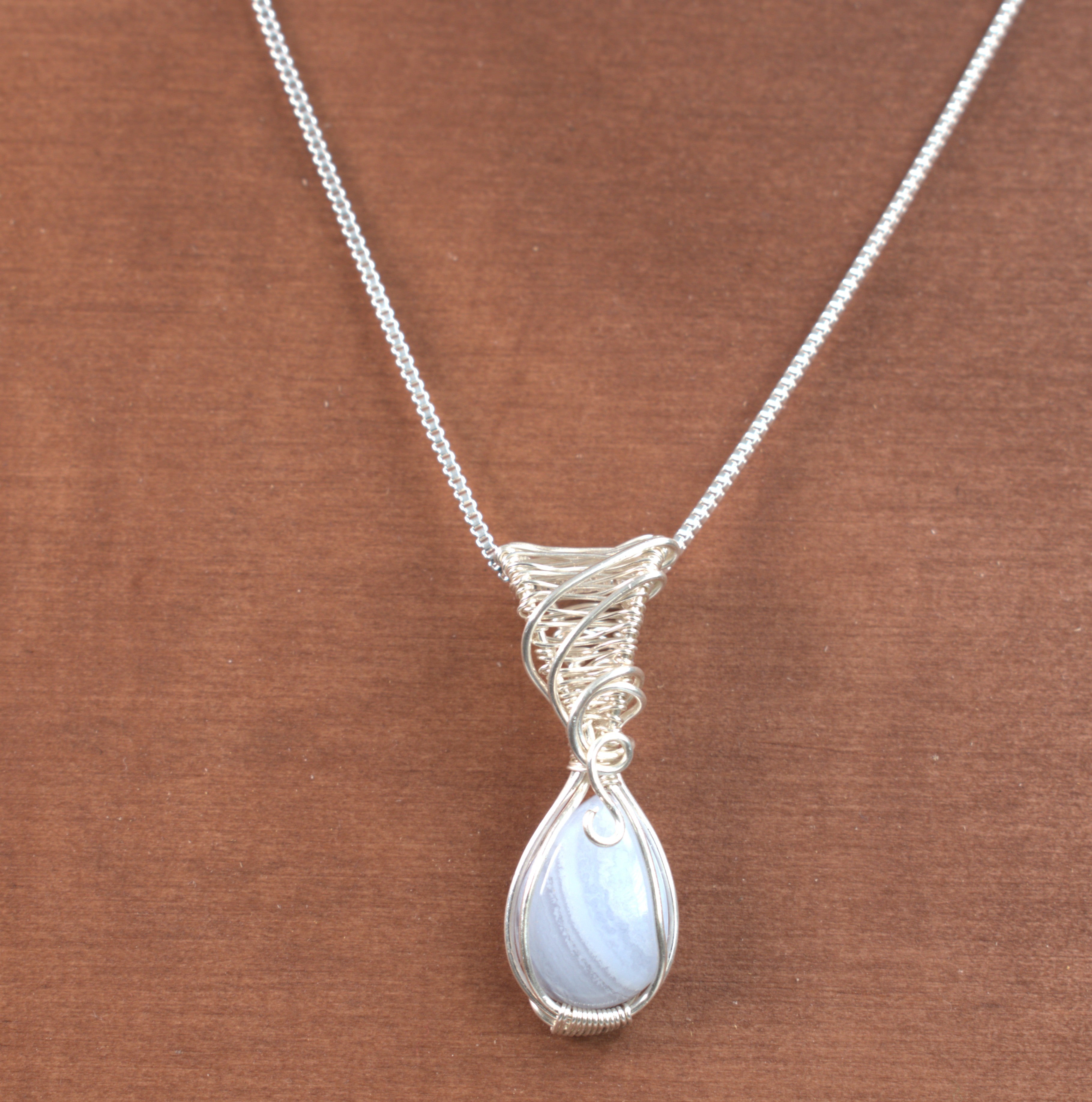 Wire Wrapped Blue Lace Agate Keepsake Pendant