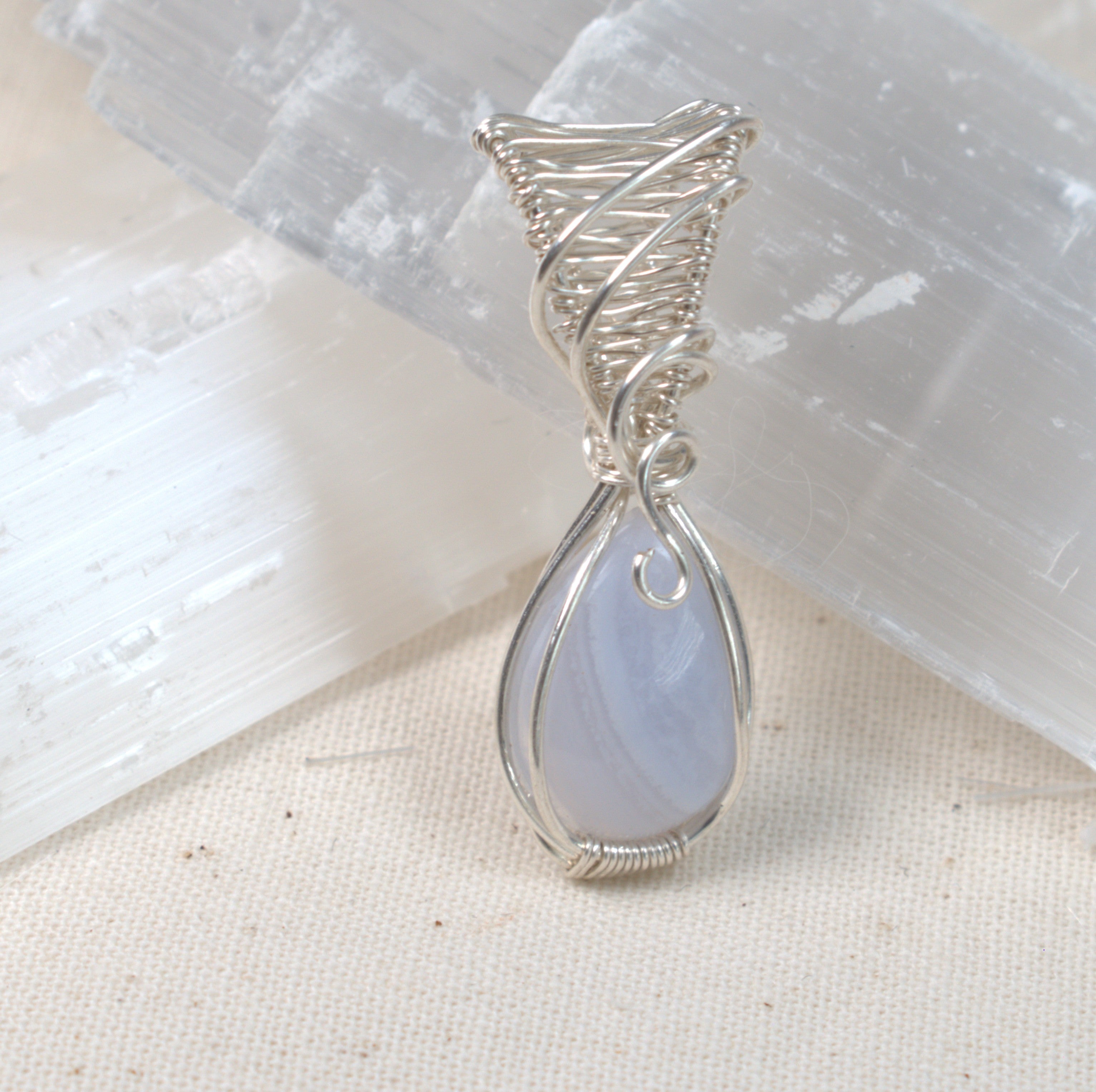 Wire Wrapped Blue Lace Agate Keepsake Pendant