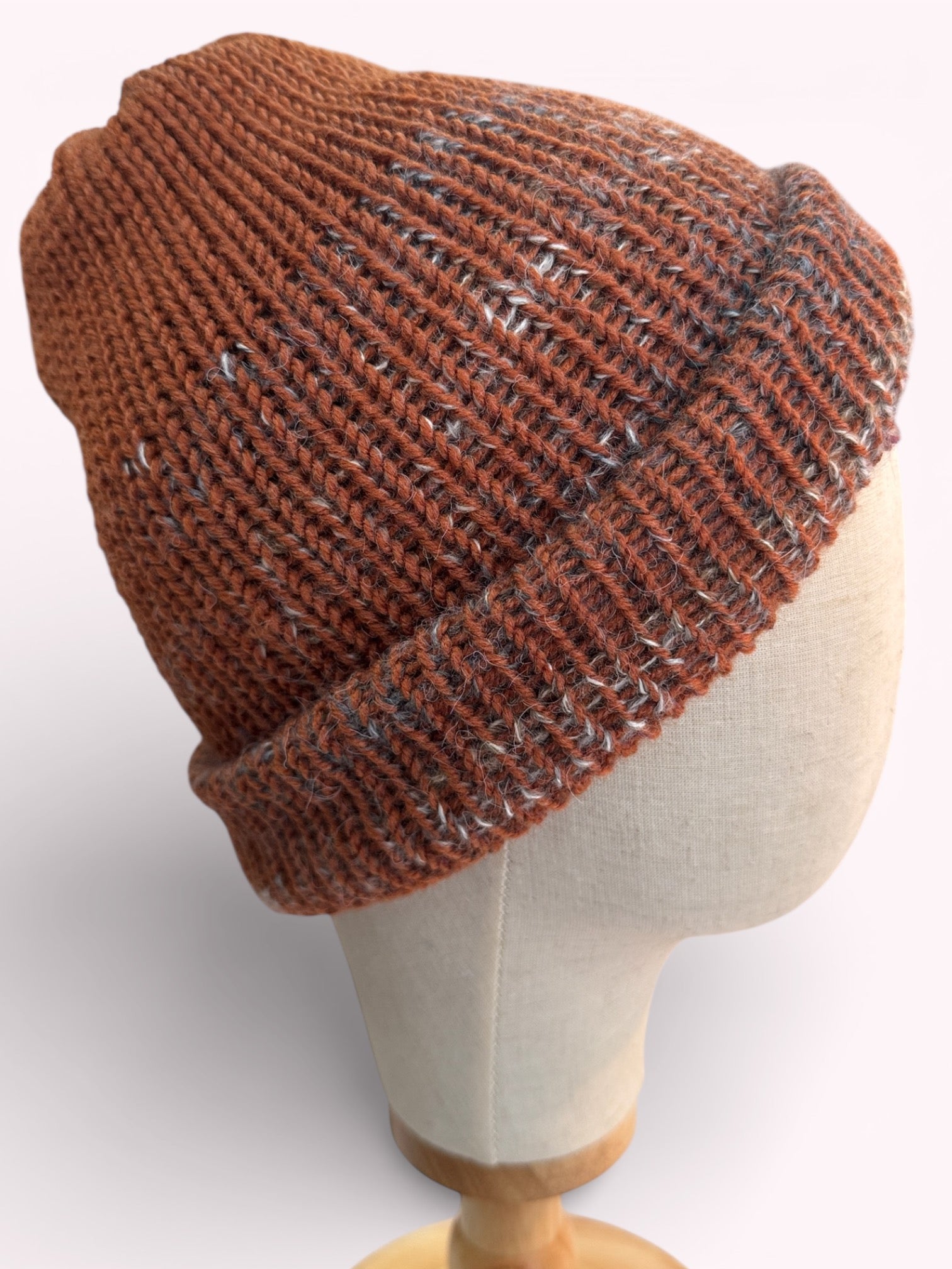 Hand Knit Reversible Beanie Blues Brown