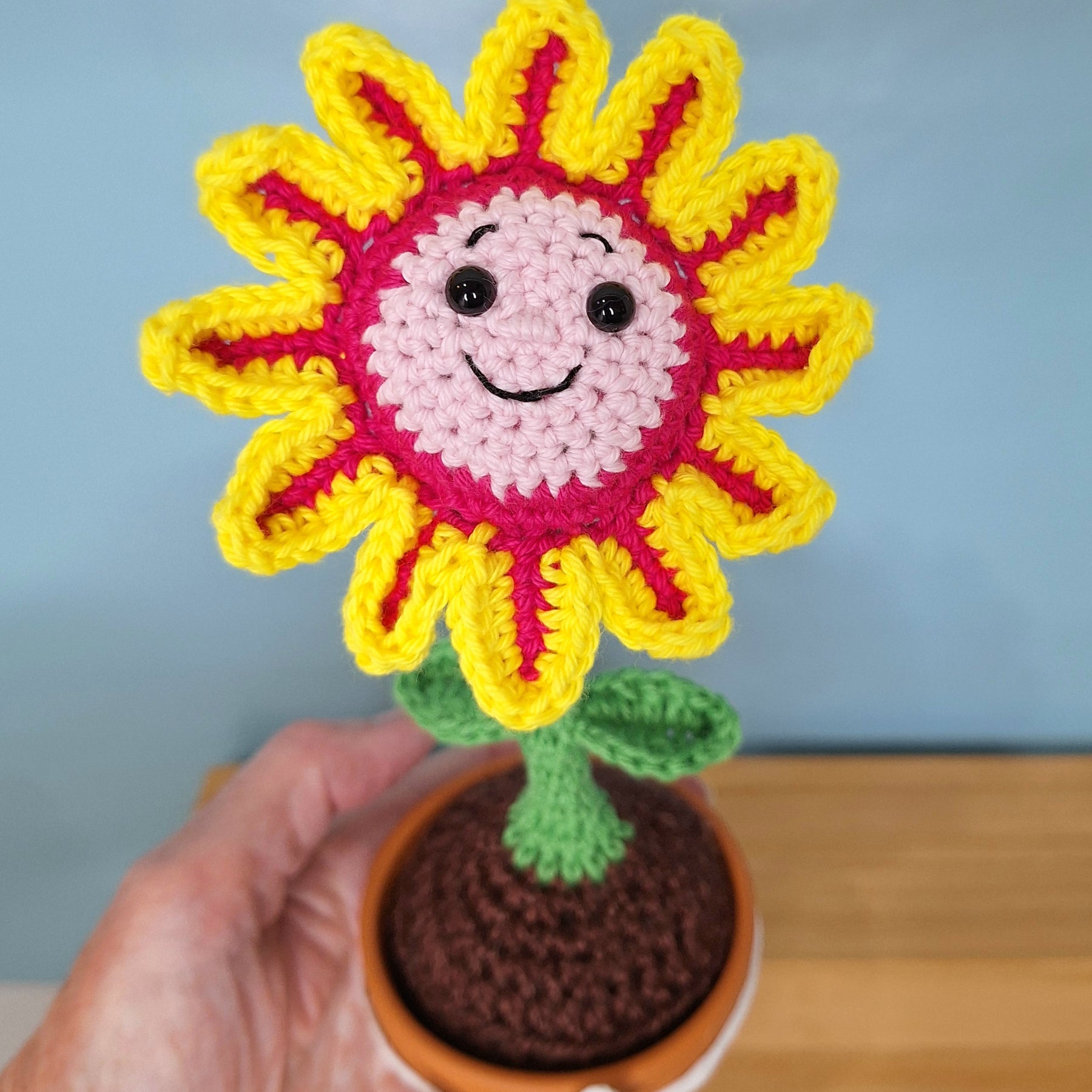 Happy Daisy Crocheted Flower in  Terracotta Pot