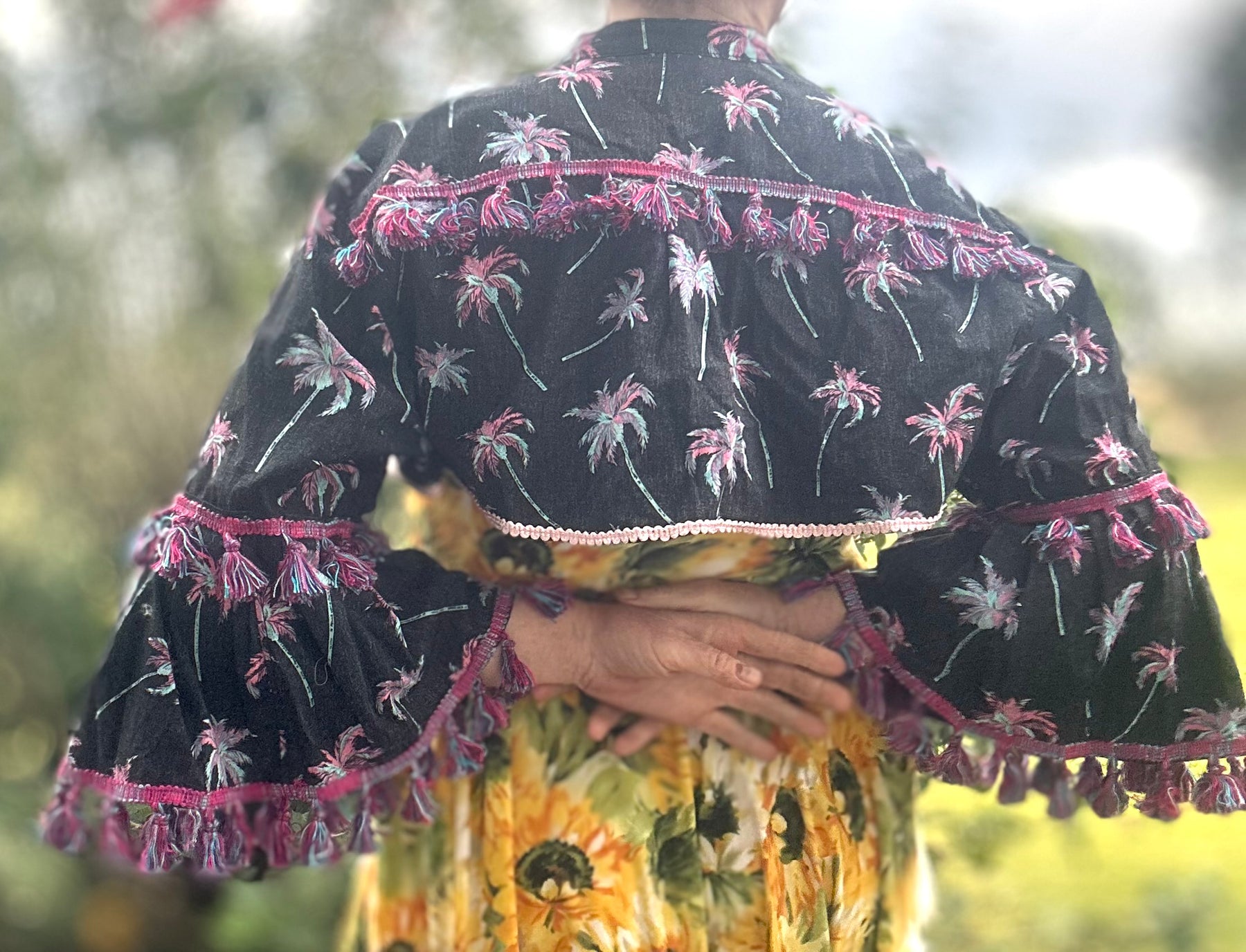 Upcycled Pink Palms on Black Bolero 3/4 Sleeves