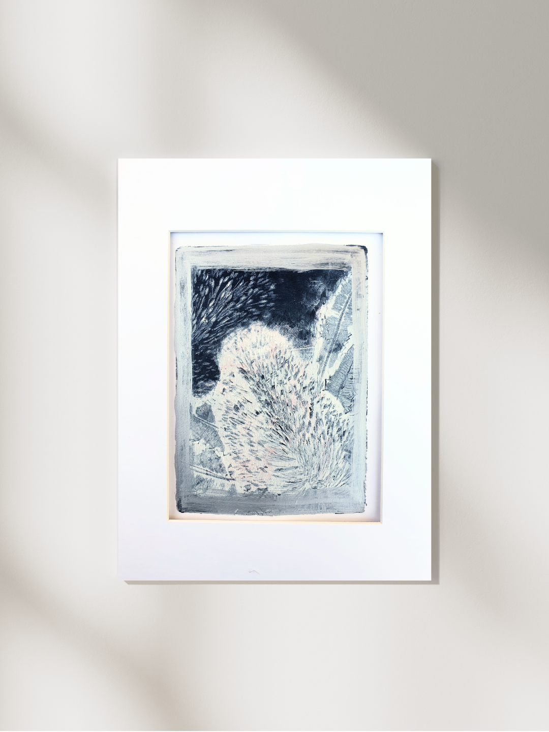 Banksia, blue white and silver | Acrylic monoprint on paper | Original artwork | A5