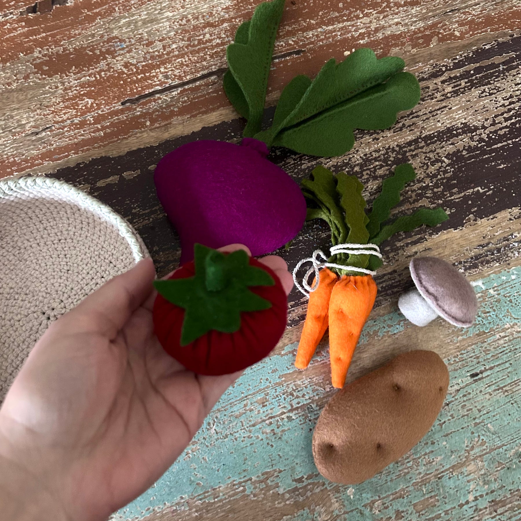 Veggies in a crochet basket, beetroot, felt play food, toddler gift value pack