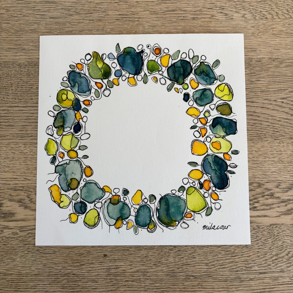 Original Handpainted Art | Flower Wreath in Greens & Yellows |