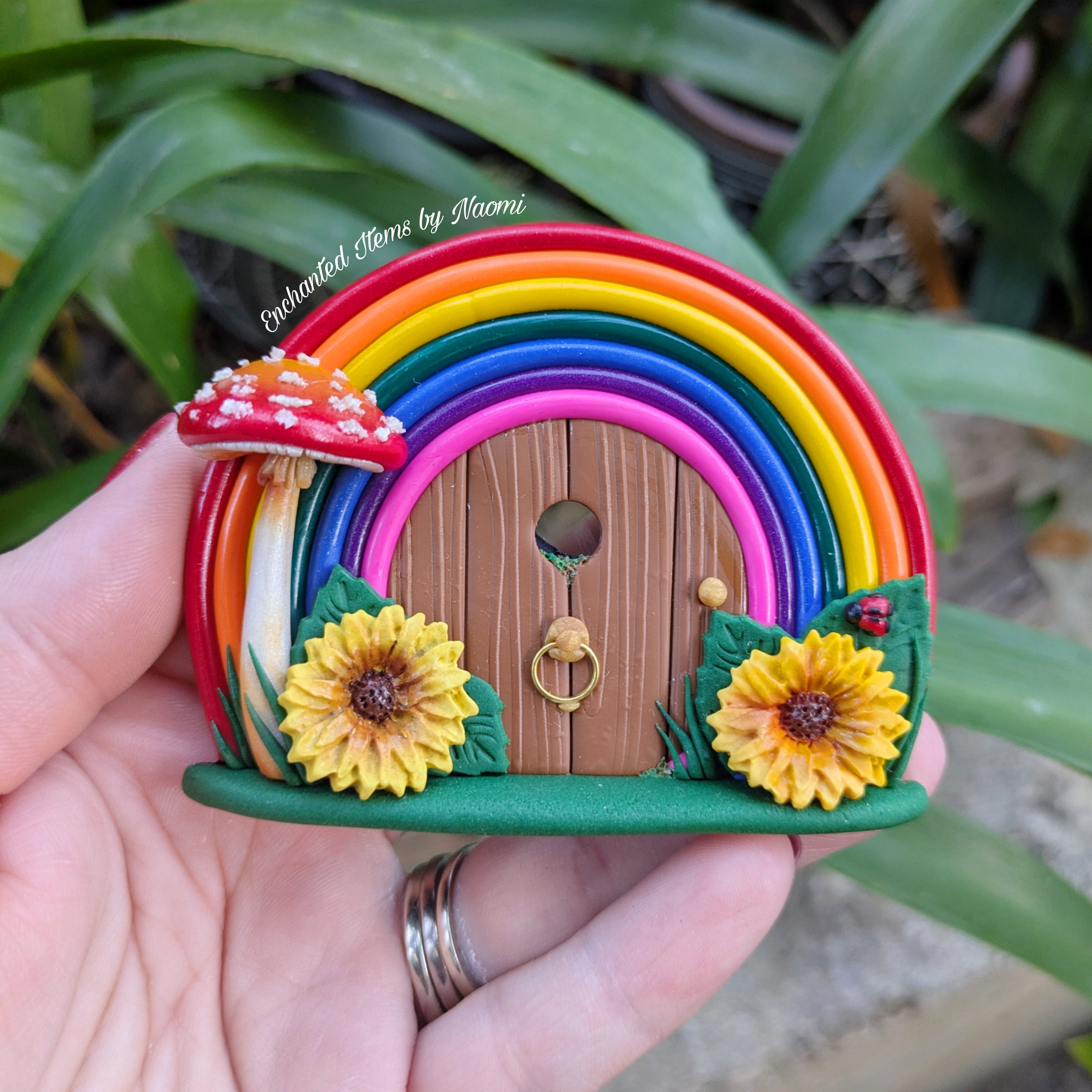 Hand-Sculpted Rainbow Fairy Doors with Sunflowers – Two Unique Designs