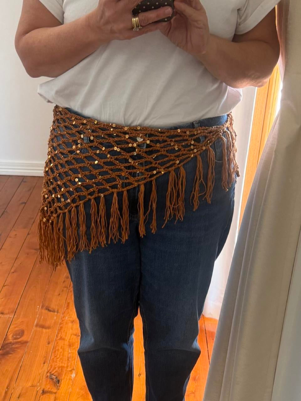 Rust Sequin Crochet Waist Scarf with Fringe