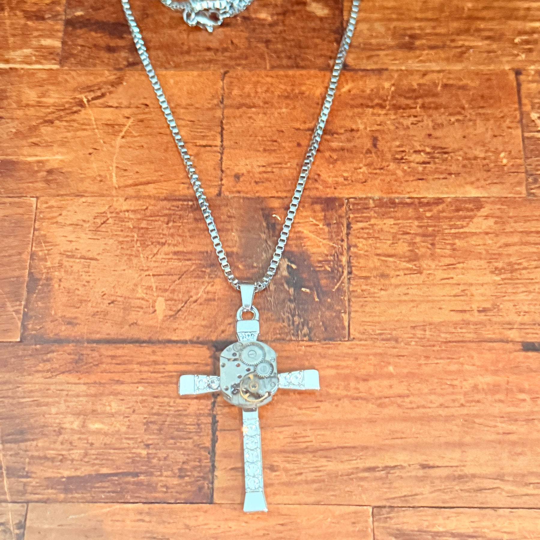 Steampunk watch movement cross necklace