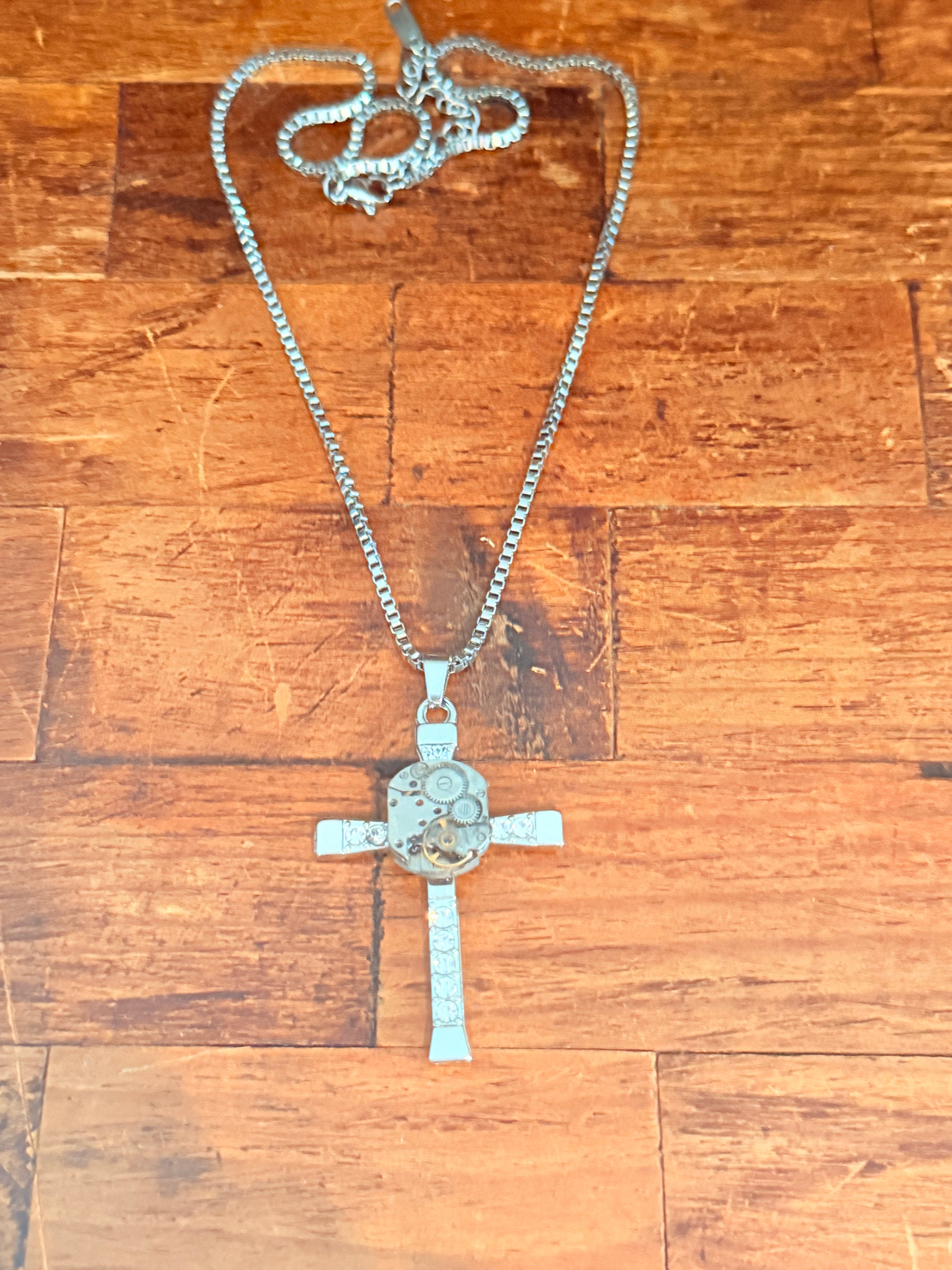 Steampunk watch movement cross necklace