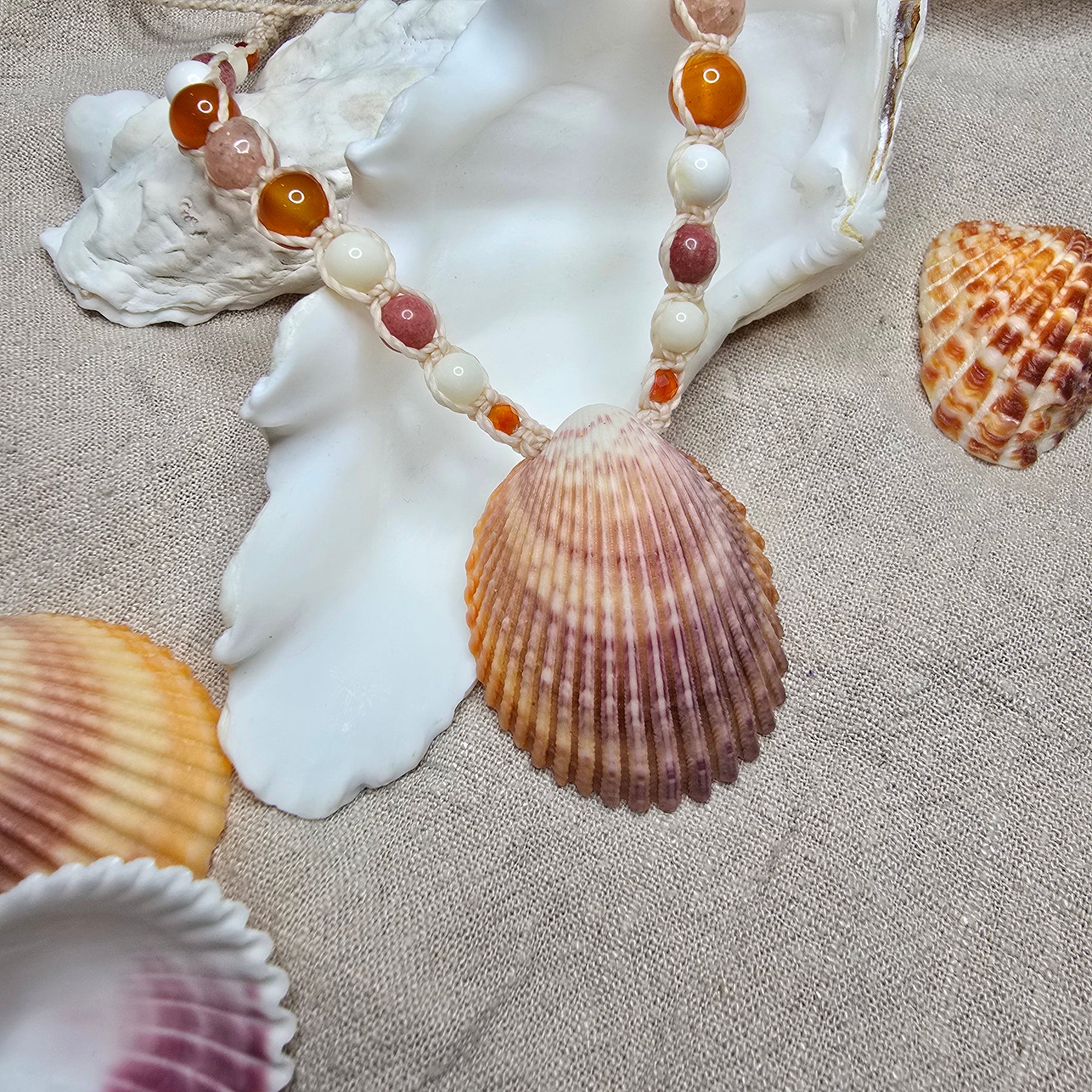 Cockle Shell Necklace with Carnelian, Peach Calcite & Thulite