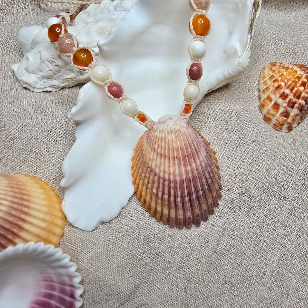 Cockle Shell Necklace with Carnelian, Peach Calcite & Thulite