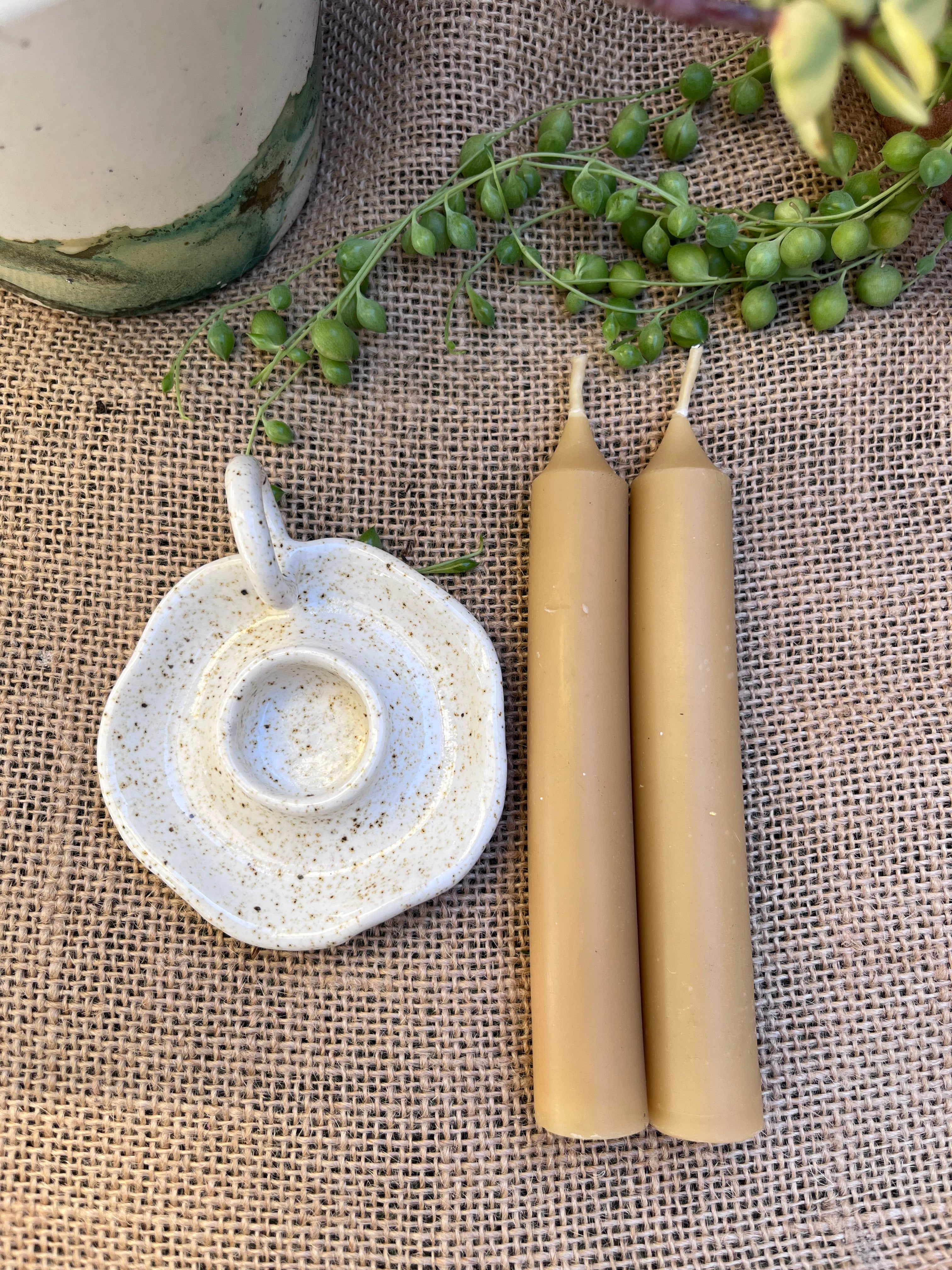 Petite Ceramic candlestick holder with Beeswax candle.