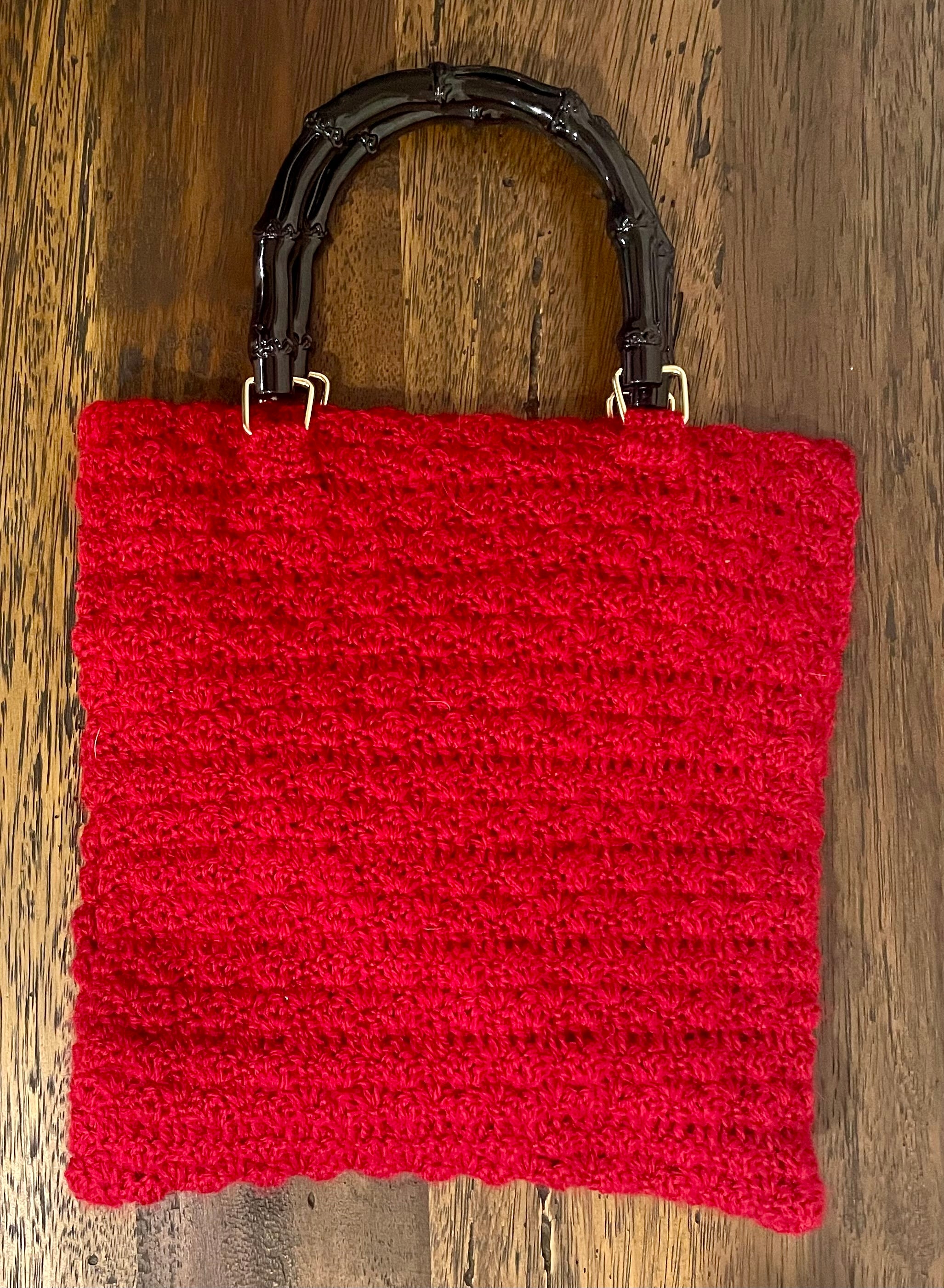 Red Crochet Handbag, 1950s Pattern, Bamboo Handles