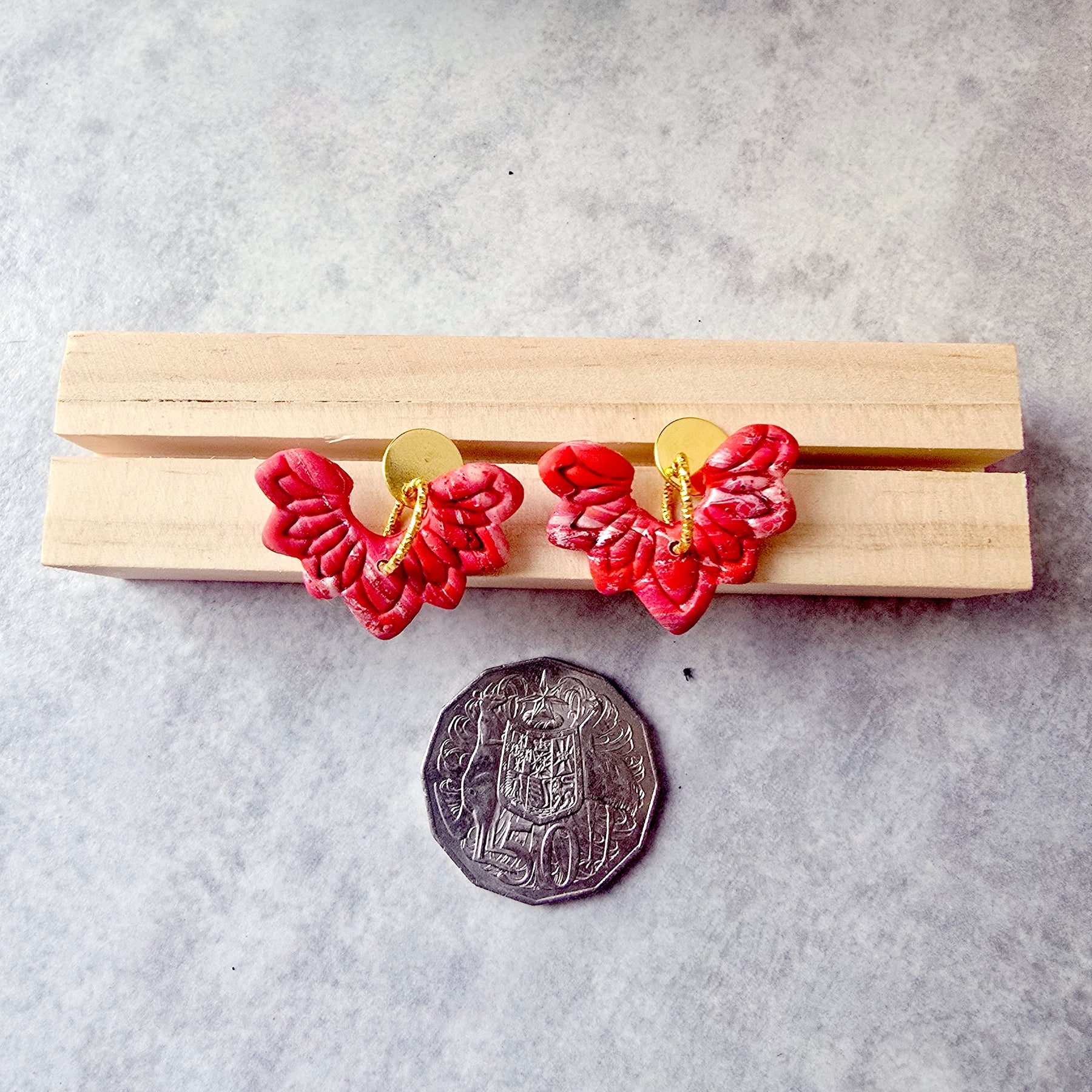 Red Marbled Floral 9k Gold Plated Earrings
