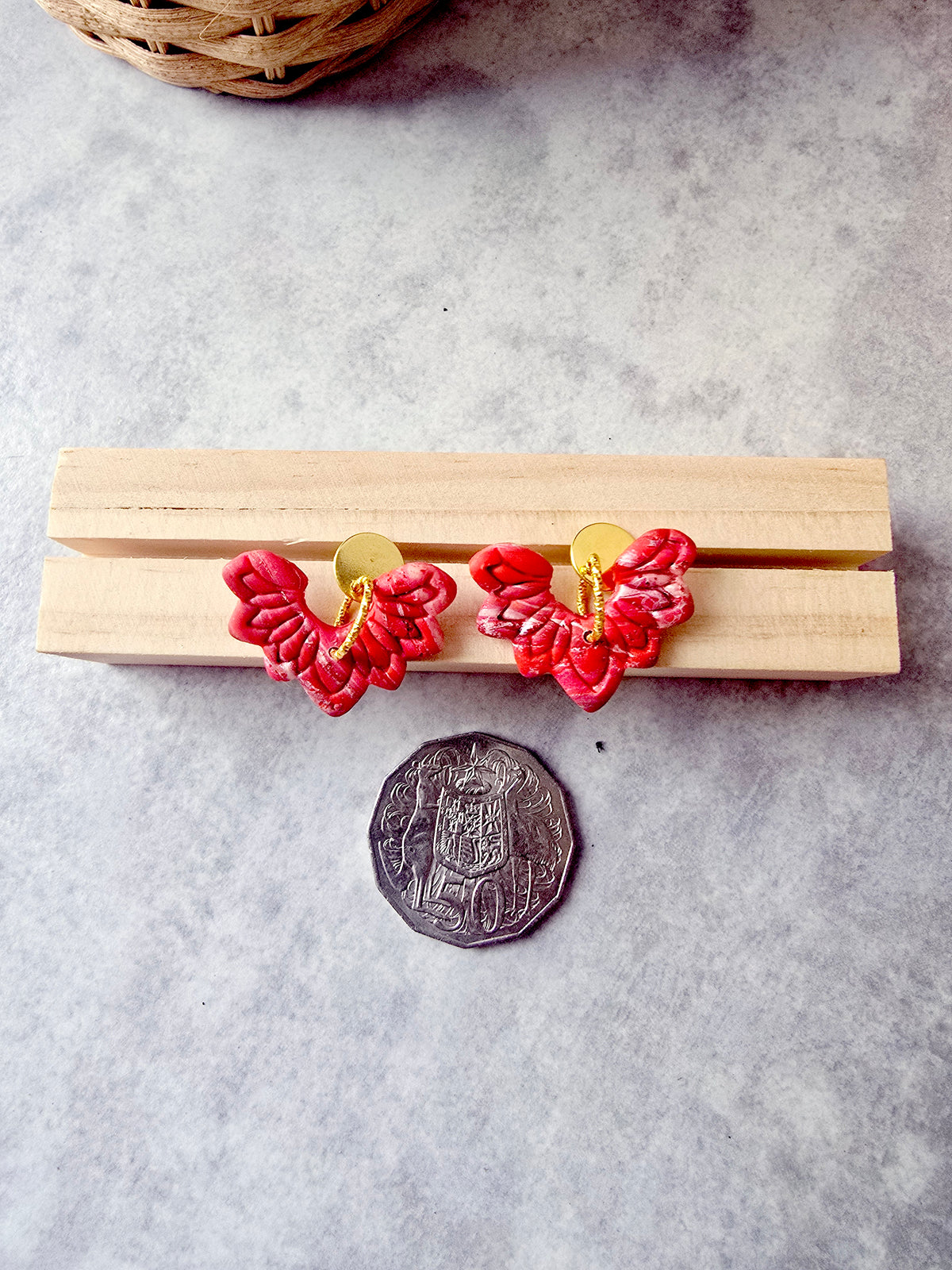 Red Marbled Floral 9k Gold Plated Earrings