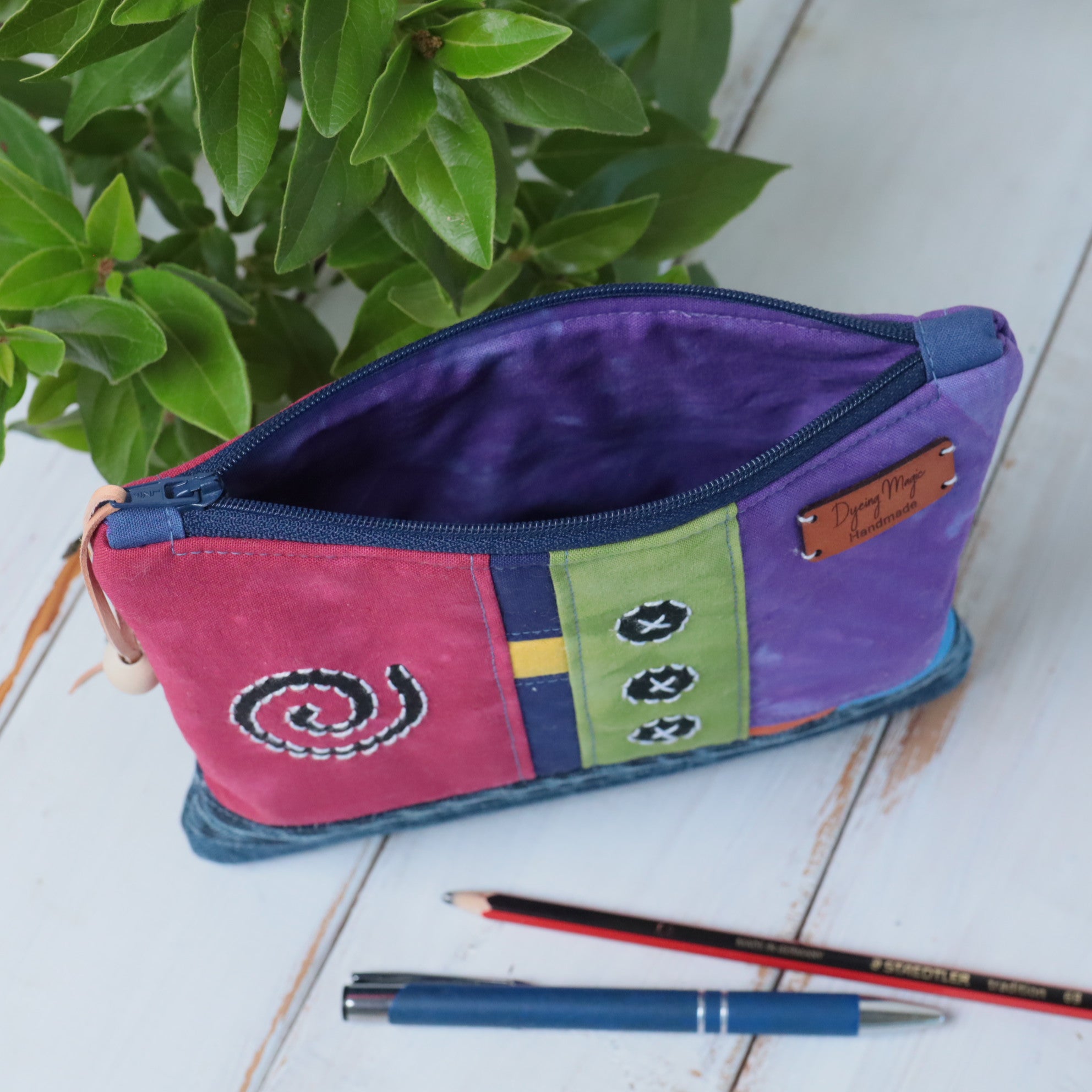 Hand Dyed Zipper Pouch, Makeup Bag,Sewing Pouch, Red and Lilac