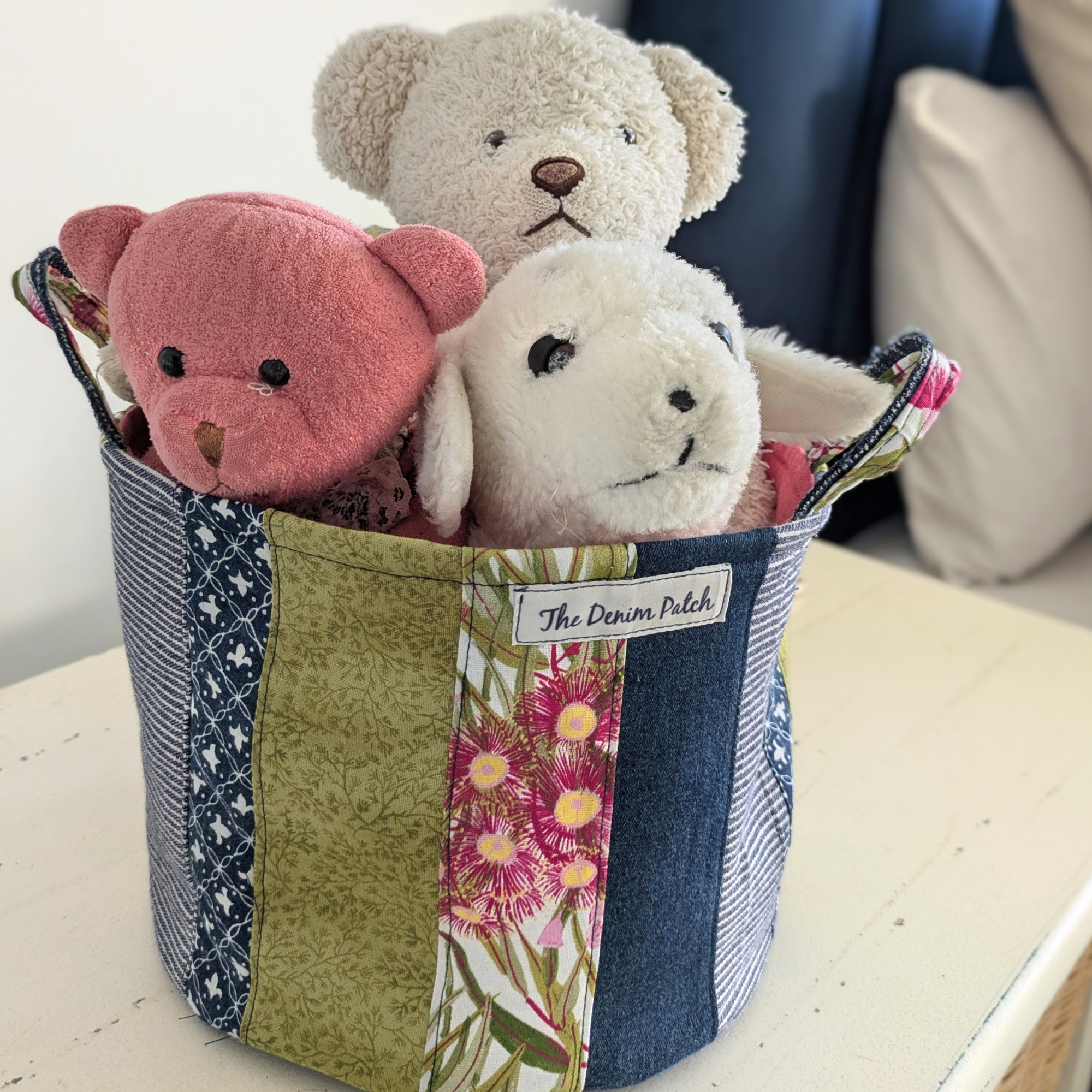 Upcycled Denim, Storage Basket, Red Gum Flower