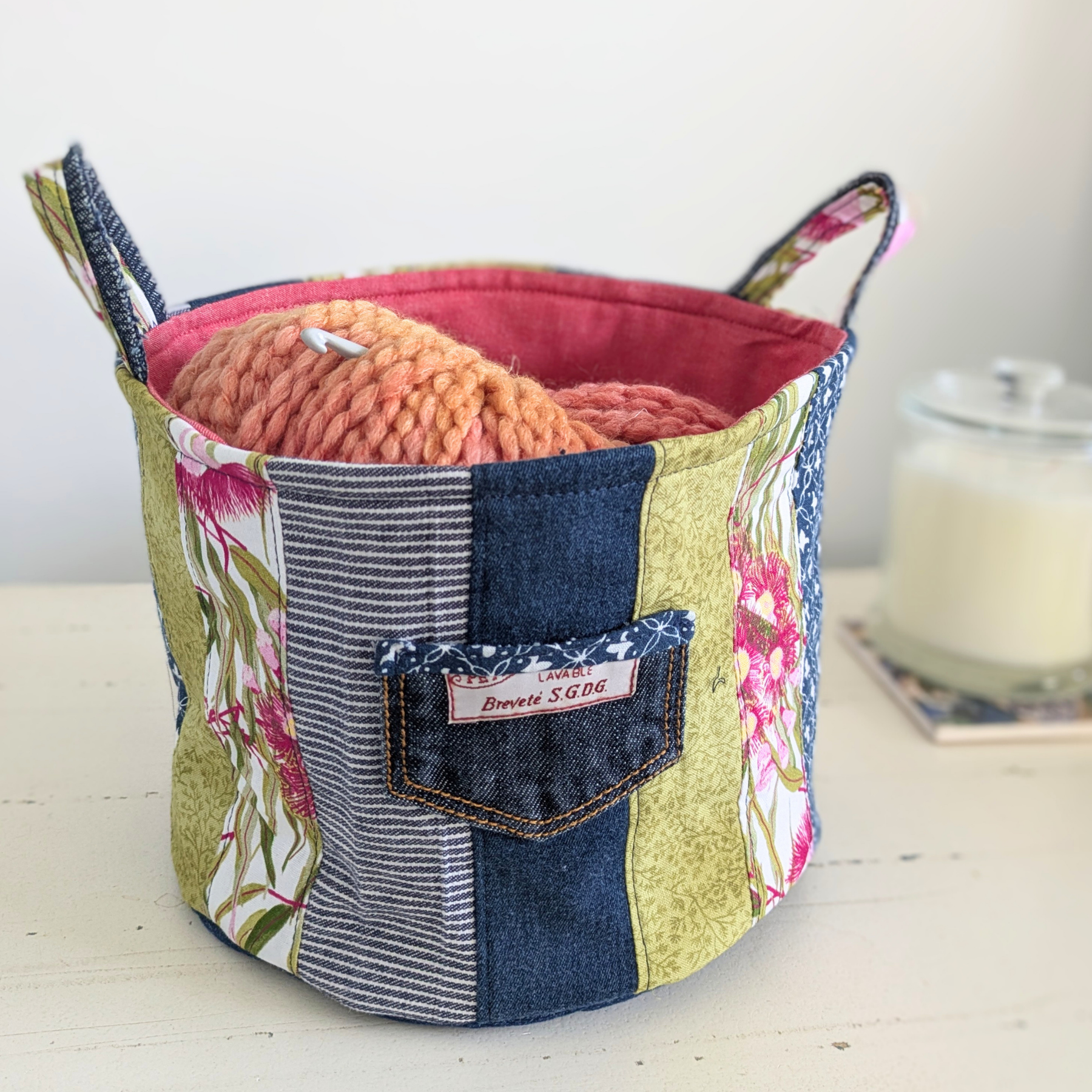 Upcycled Denim, Storage Basket, Red Gum Flower