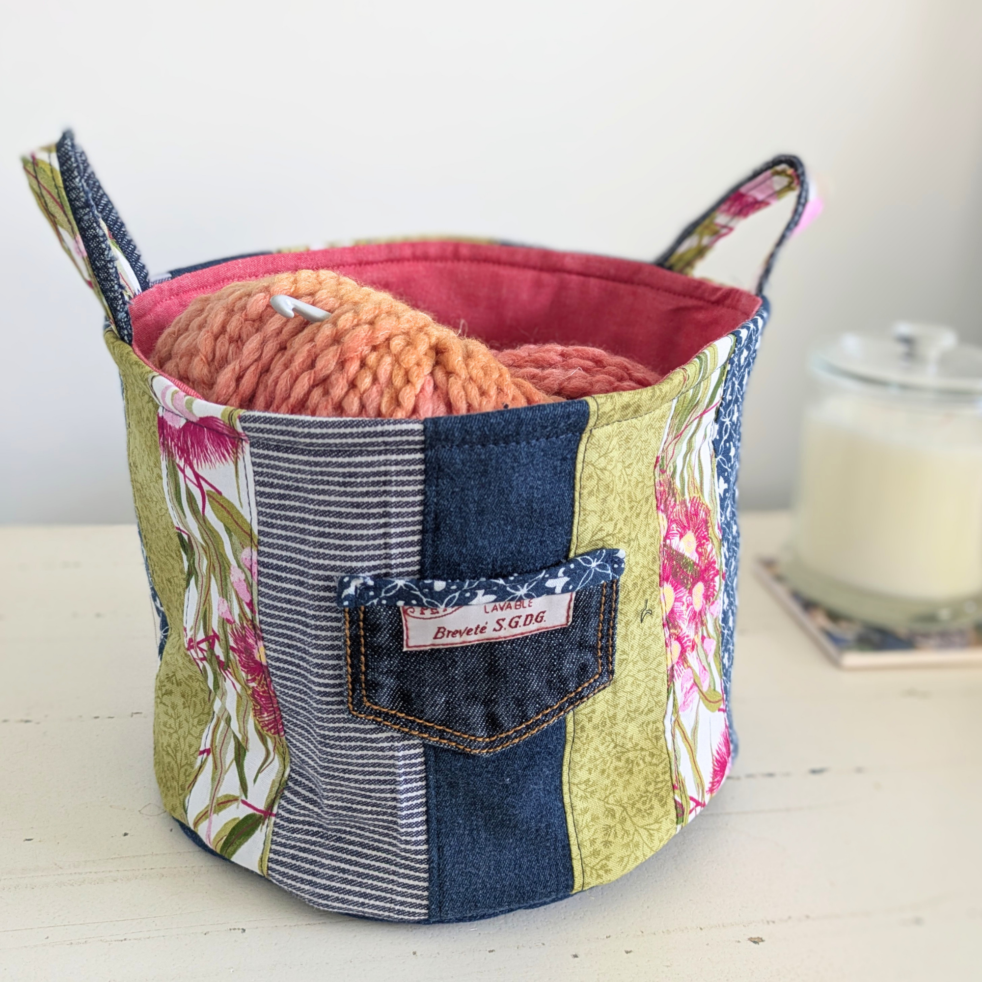 Upcycled Denim, Storage Basket, Red Gum Flower