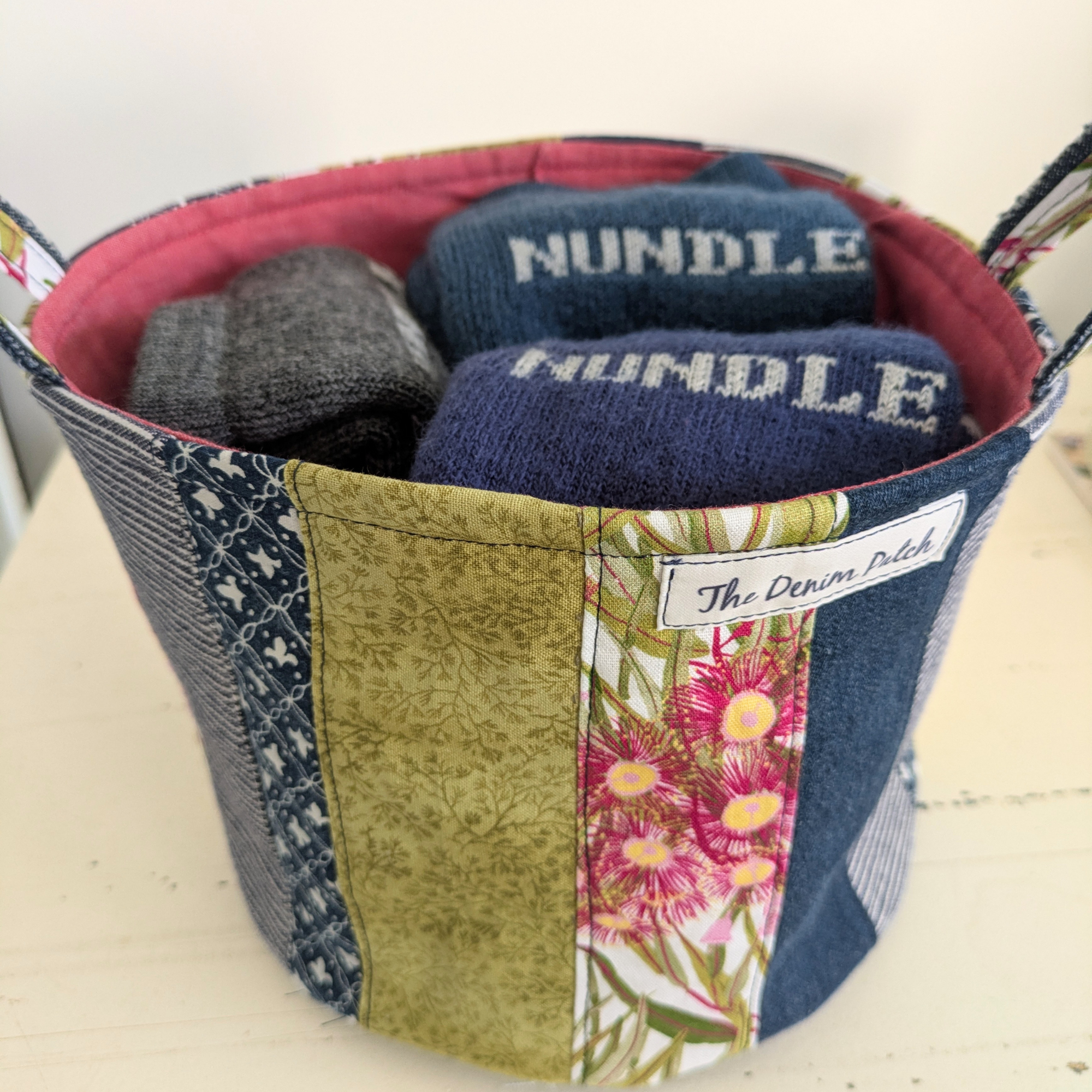 Upcycled Denim, Storage Basket, Red Gum Flower