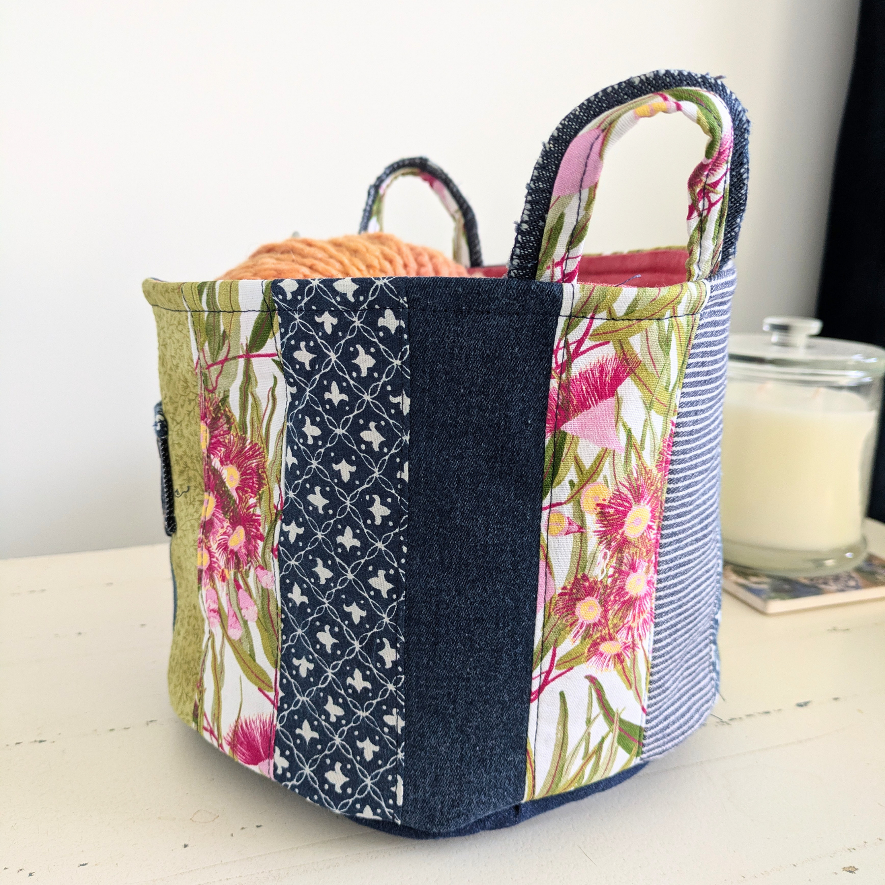 Upcycled Denim, Storage Basket, Red Gum Flower