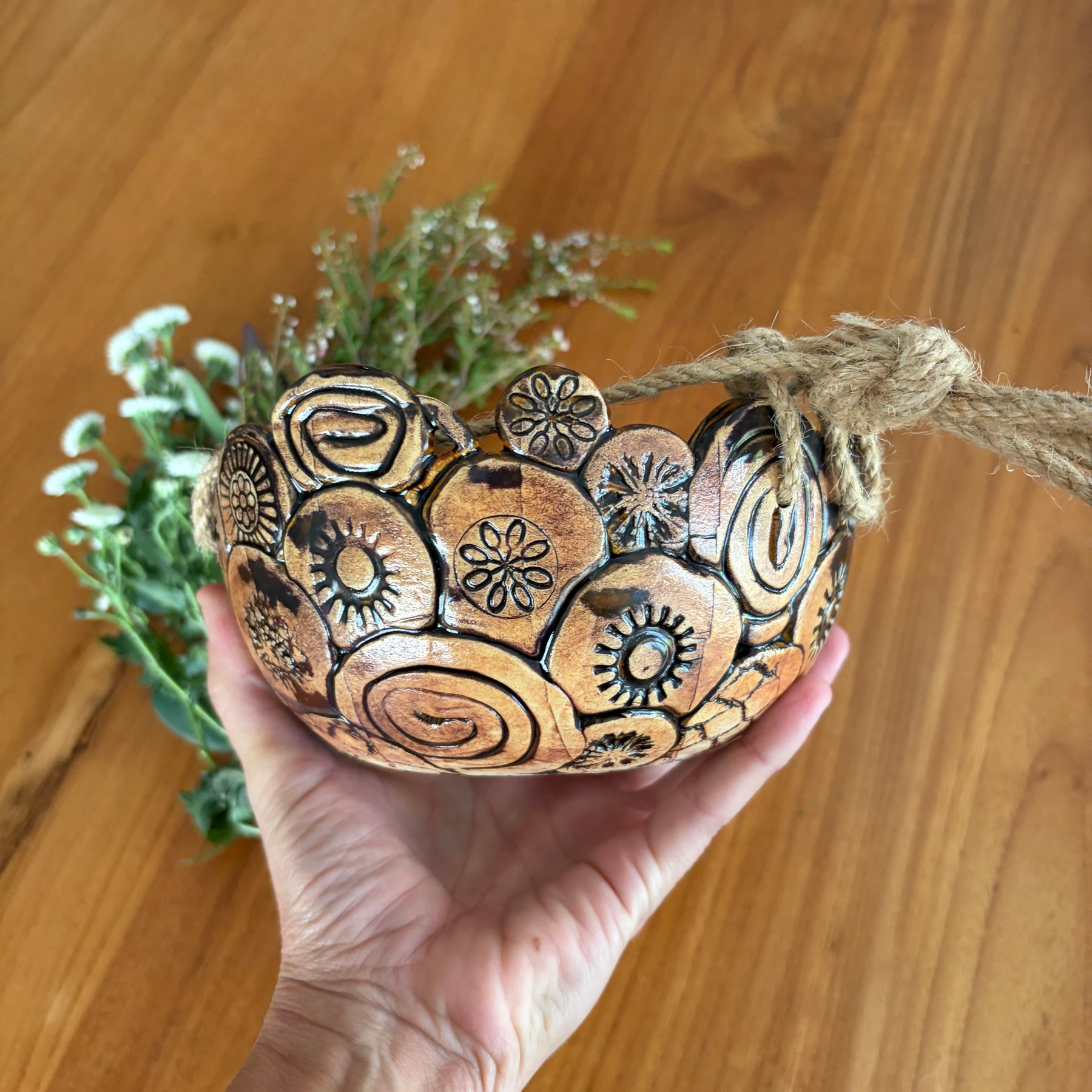 Unique Coil Pottery Hanging Planter - Brown/Black