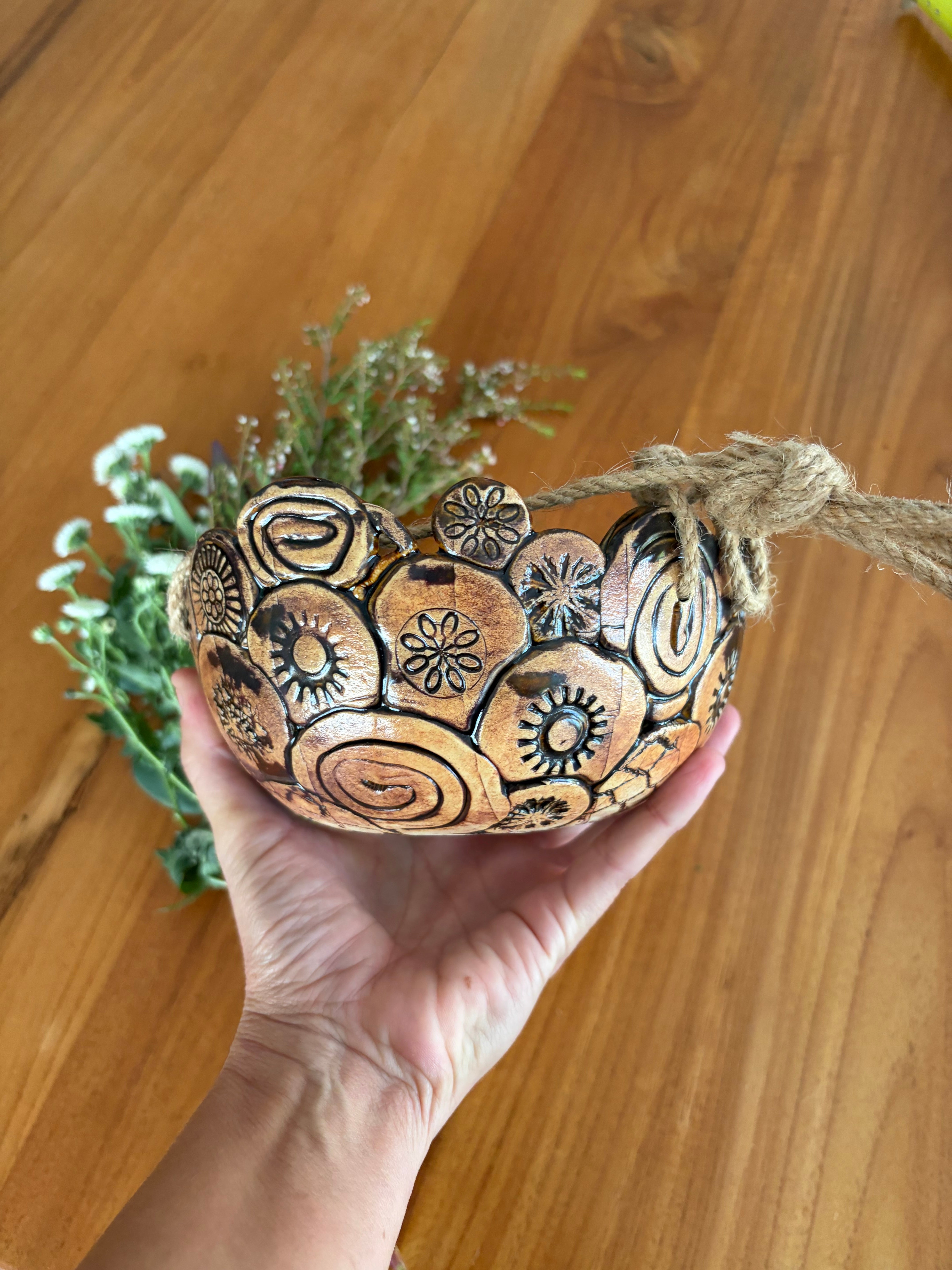 Unique Coil Pottery Hanging Planter - Brown/Black