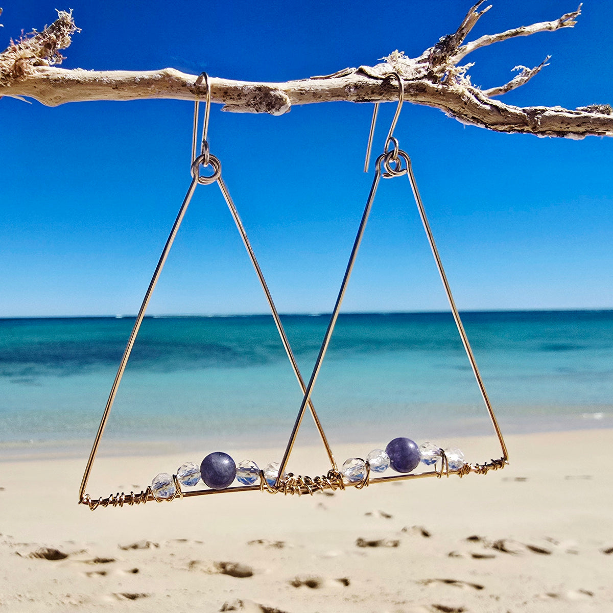 Large Triangle 14kt GF Earrings with Tanzanite & Quartz