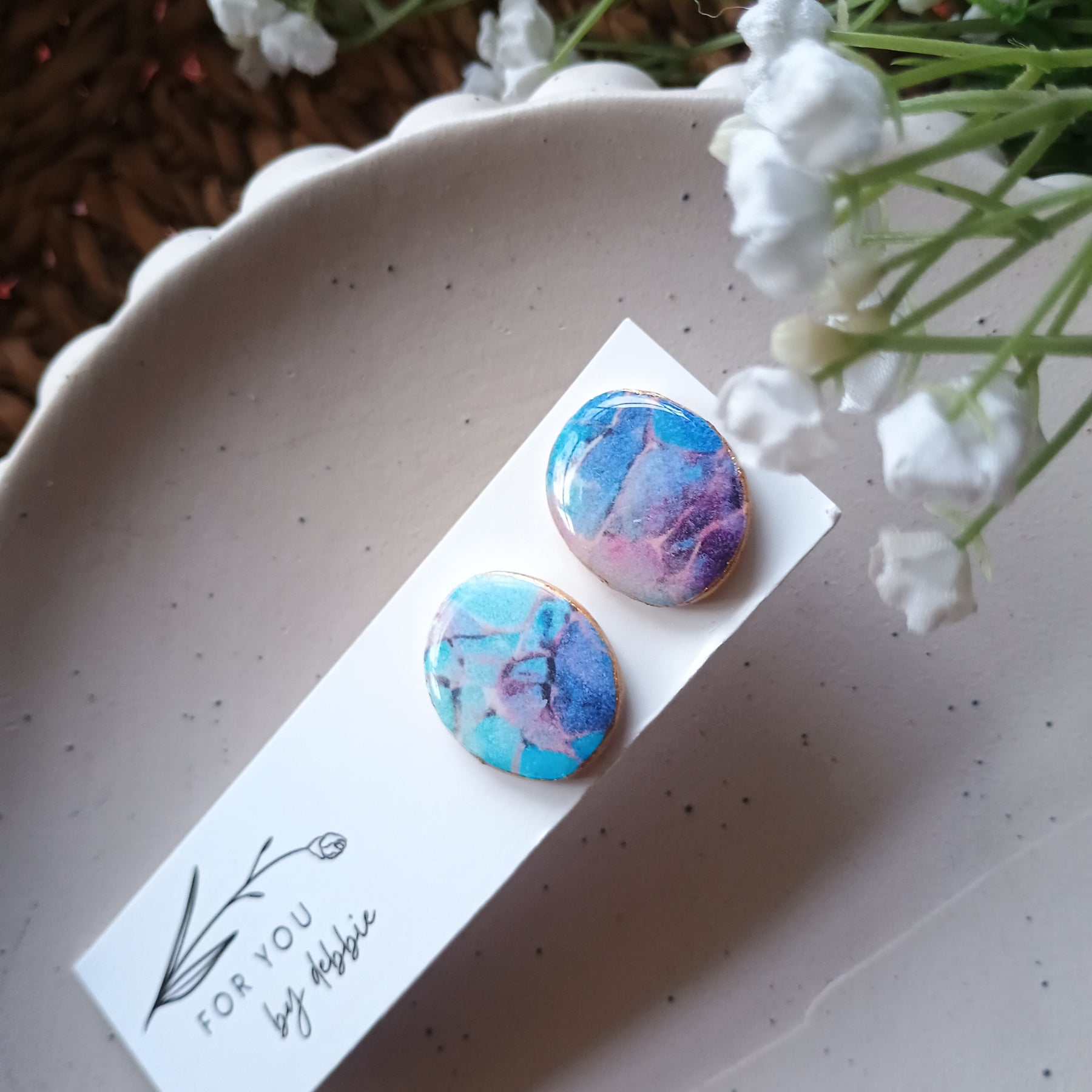 Watercolour marble and gold polymer clay and resin stud earrings