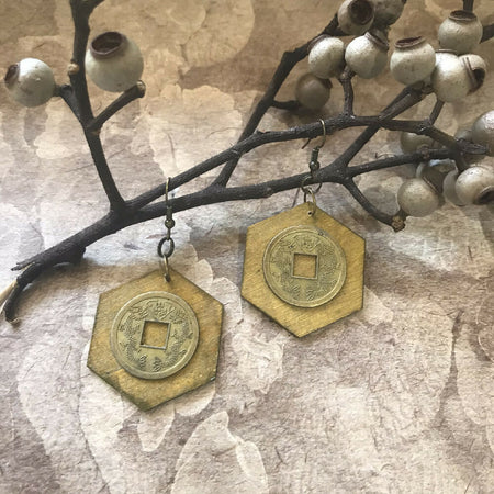 Hand Painted Wooden Hexagon Earrings with Ancient Chinese Coin