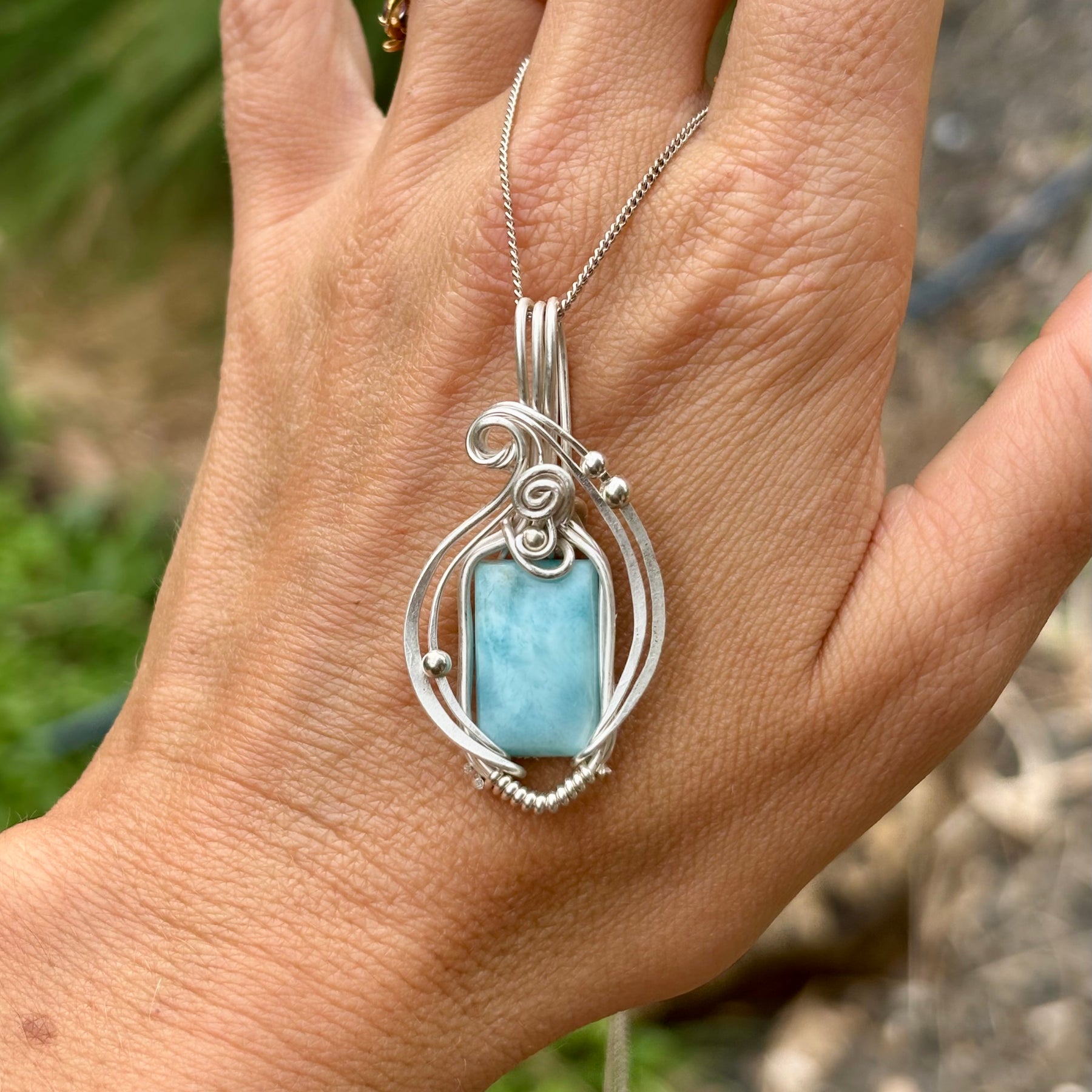 Simple silver Larimar crystal pendant