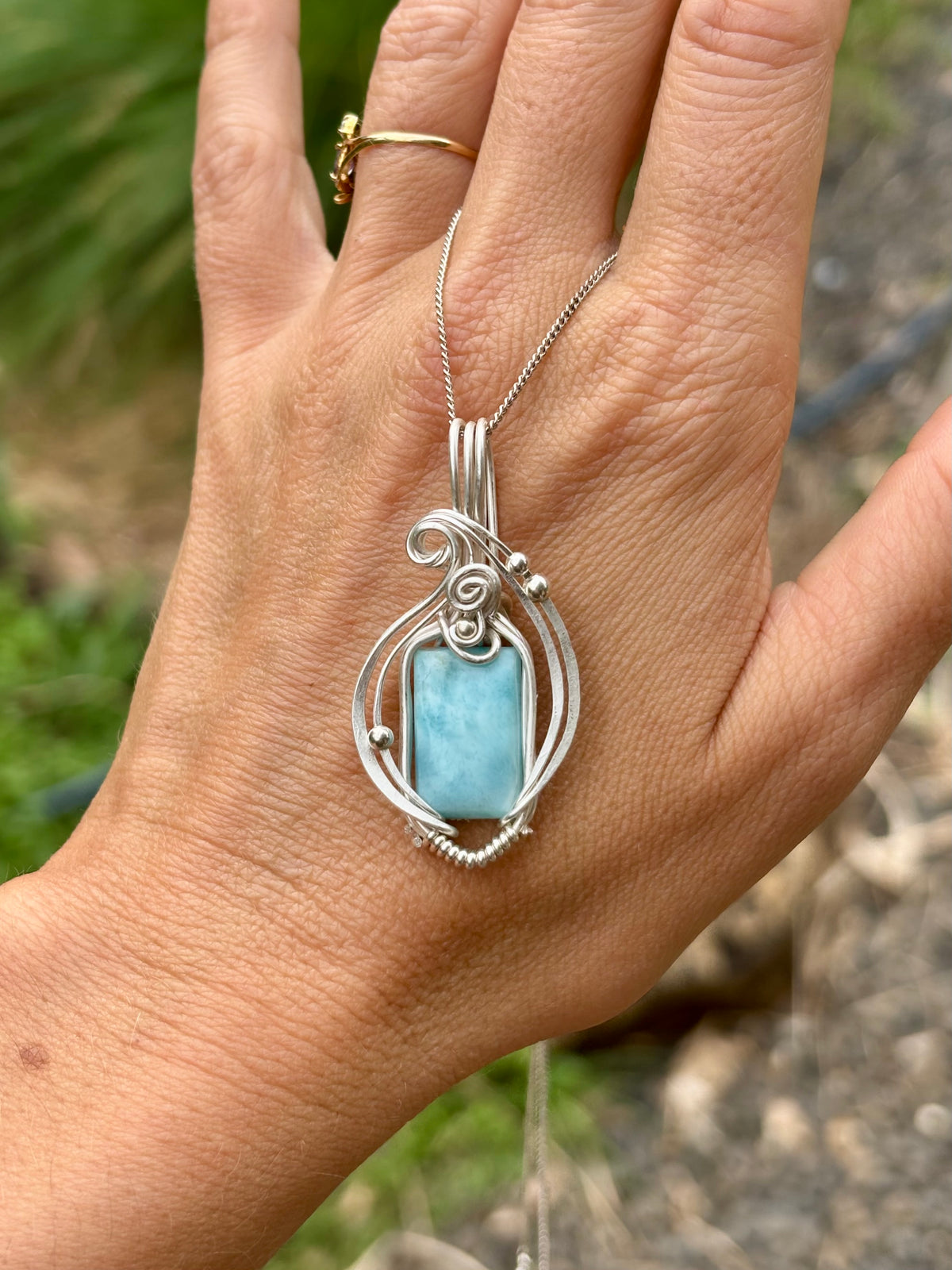 Simple silver Larimar crystal pendant