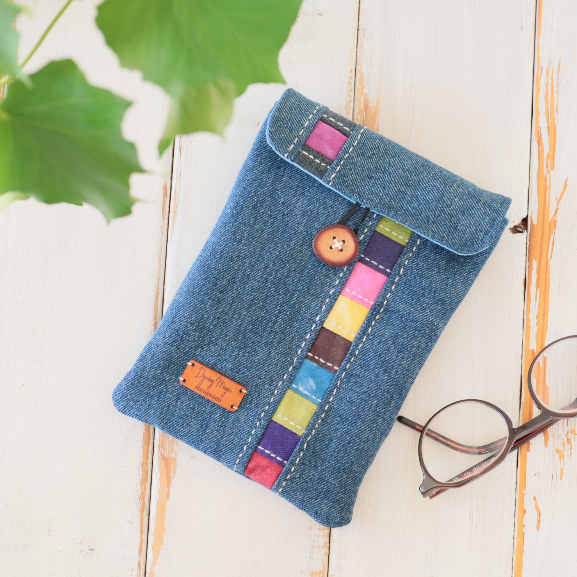 Kindle Sleeve, E-reader sleeve, Upcycled Denim, Hand dyed Patchwork
